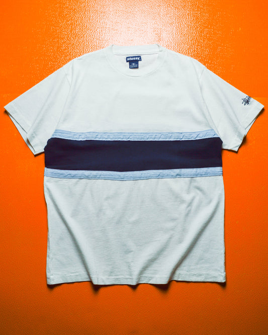 Early 2000s White Blue Half Striped Sleeve Logo T-shirt (M).