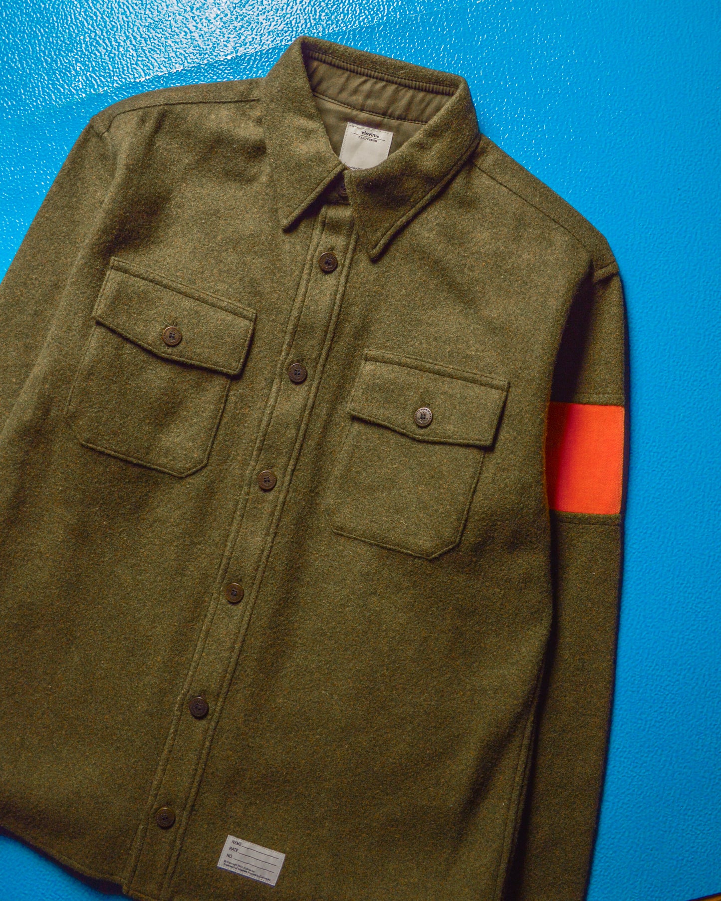 Wool / Deer Skin Tab Orange Sleeve Strip Olive Shirt (~S~)