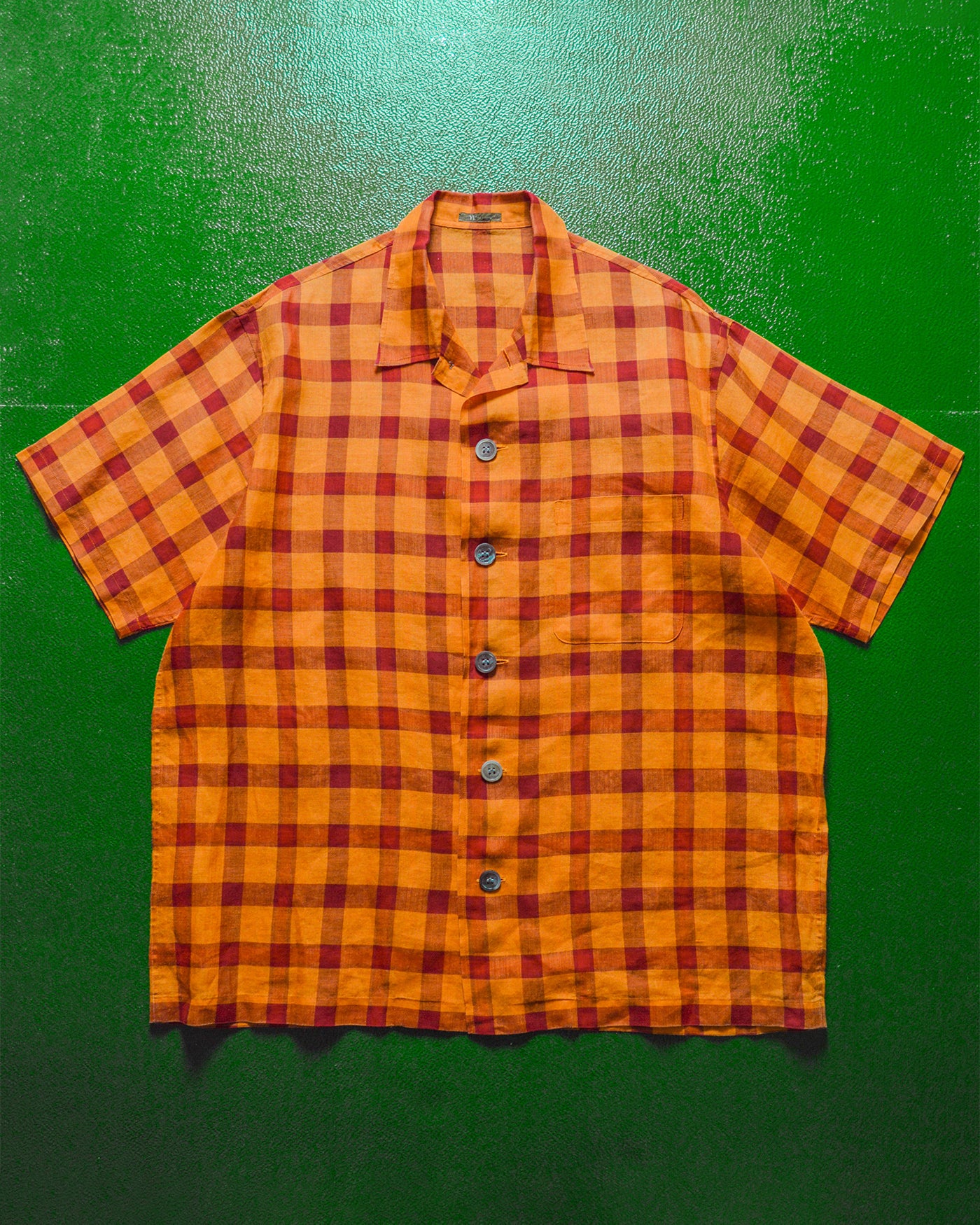 Textured Orange Red Check Linen Shirt  (~XL~)