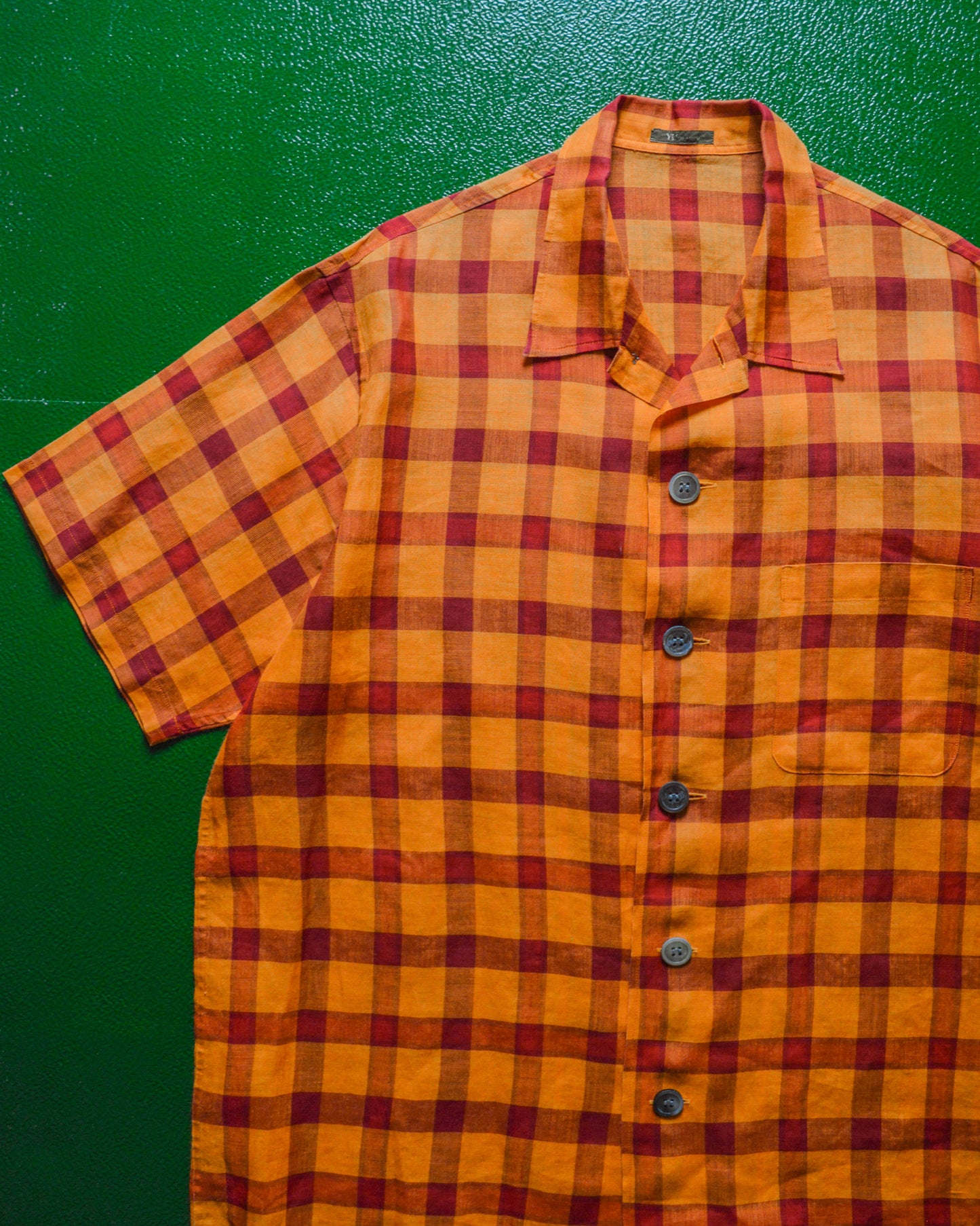 Textured Orange Red Check Linen Shirt  (~XL~)