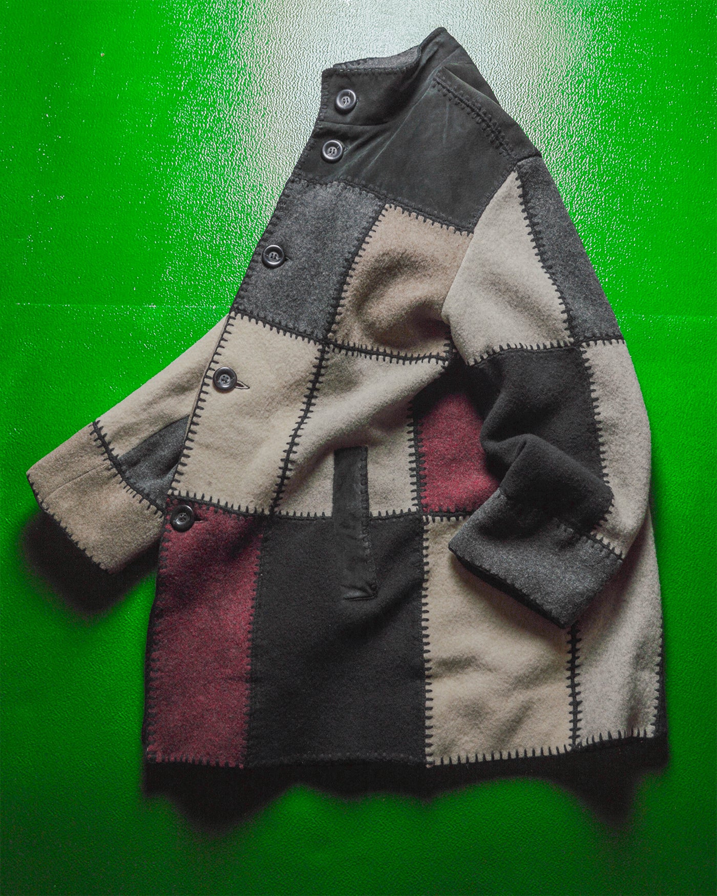 Yoshiyuki Konishi Vintage Patchwork Leather Wool Long Coat Jacket