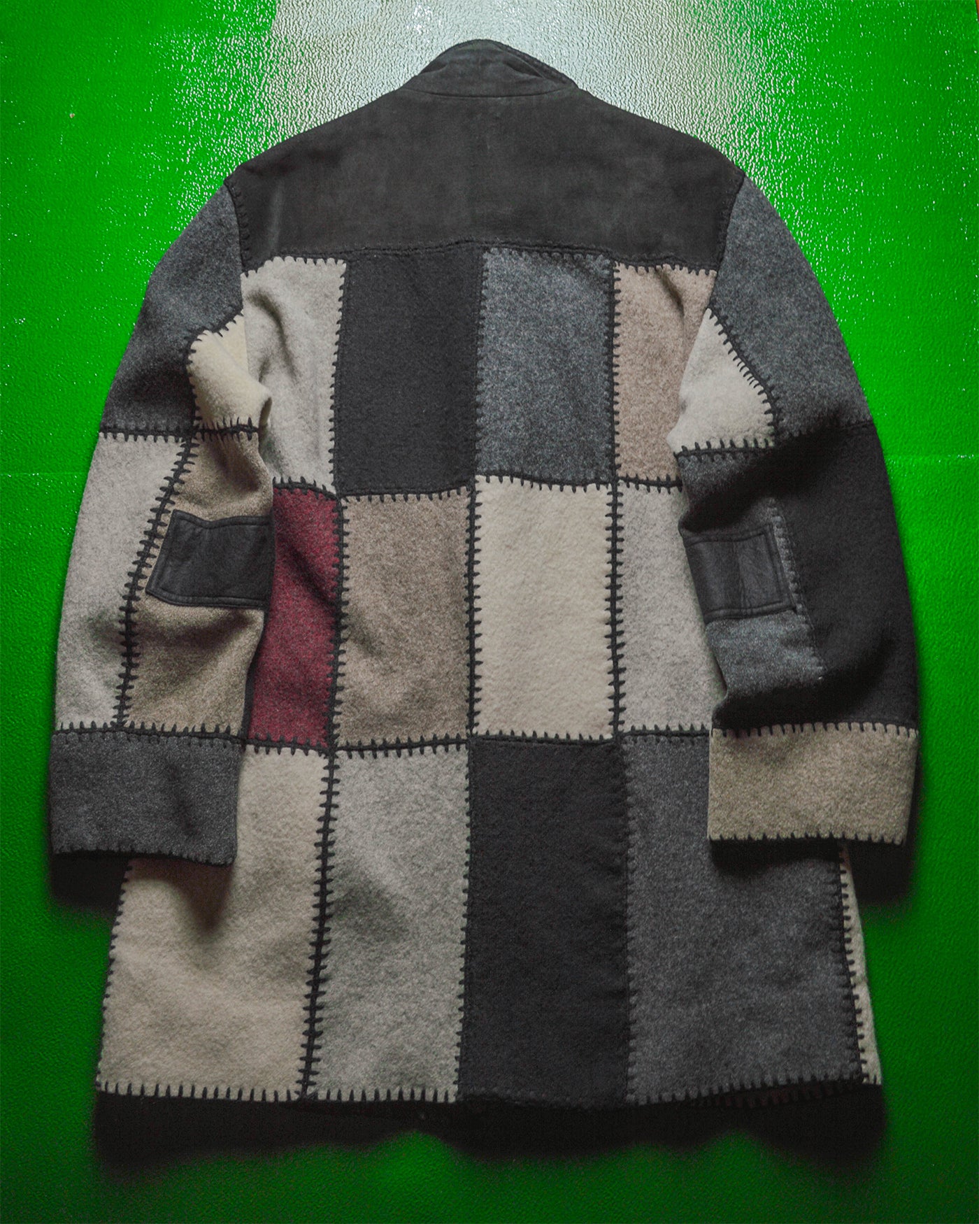 Patchwork Leather Wool Long Coat Jacket L
