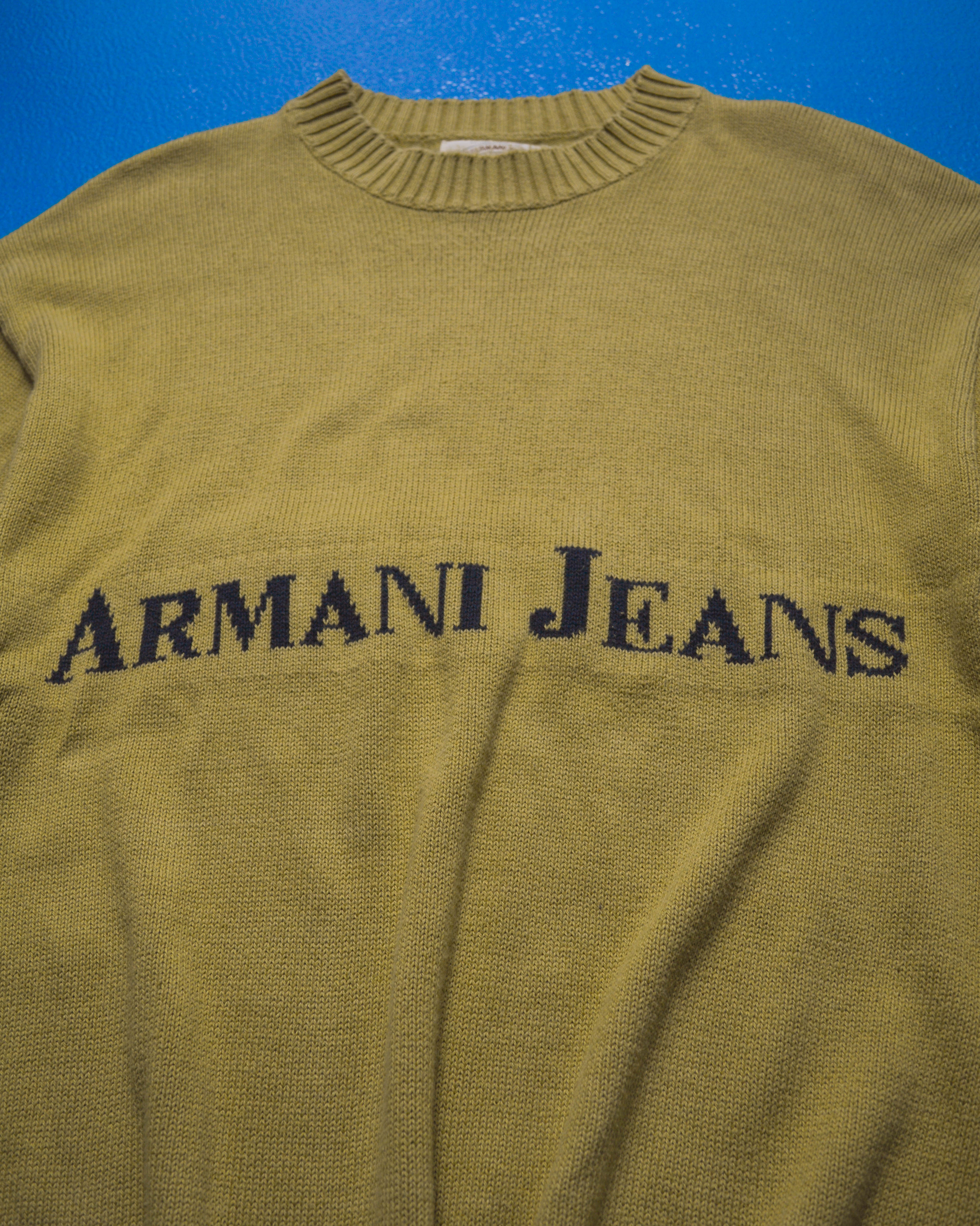 Armani Jeans 90s Spell out Muted Yellow Knit Jumper L XL shop