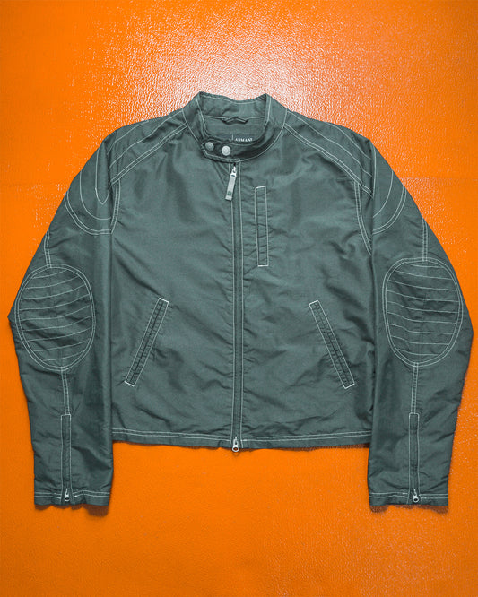 Contrast Stitch Muted Green Grey Nylon Moto Jacket (~M~)