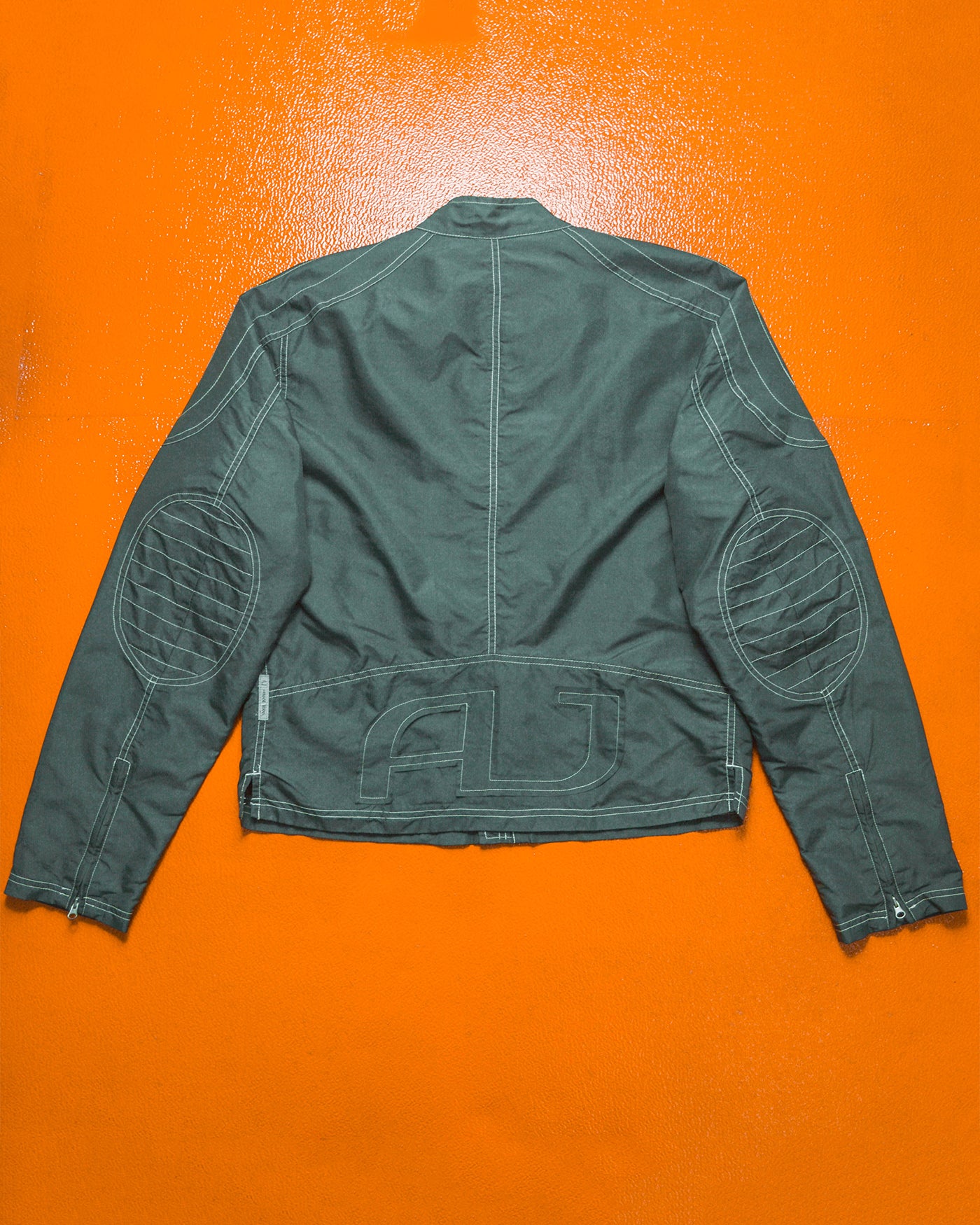 Contrast Stitch Muted Green Grey Nylon Moto Jacket (~M~)