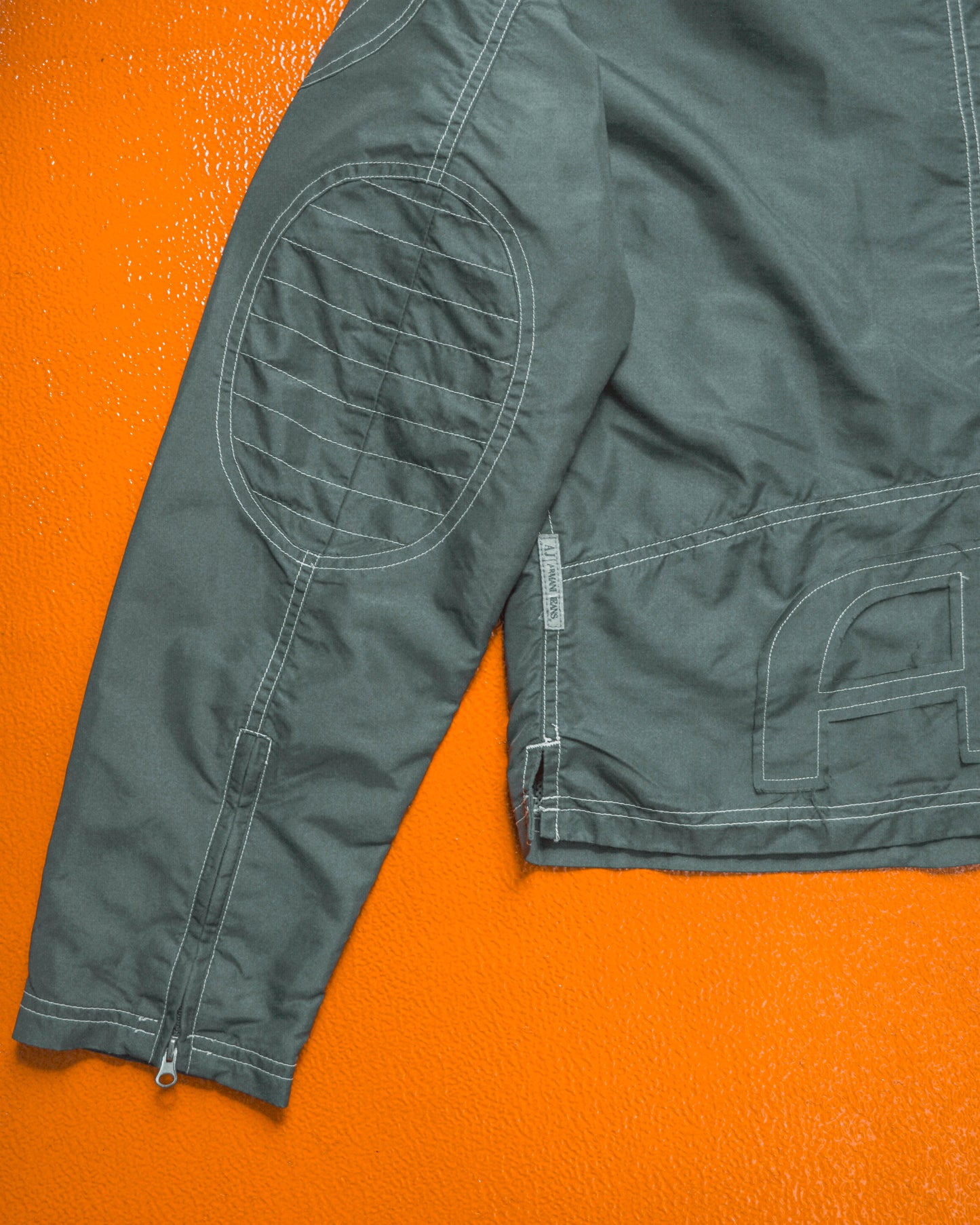 Contrast Stitch Muted Green Grey Nylon Moto Jacket (~M~)