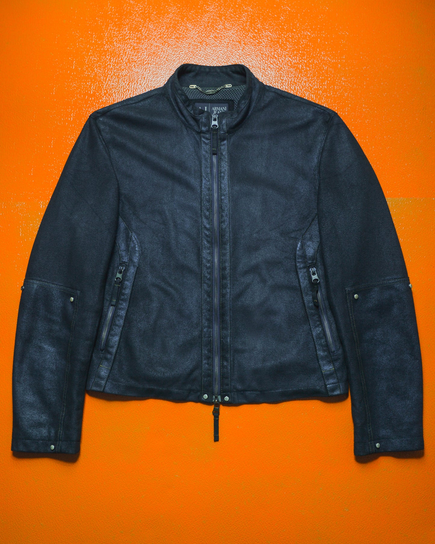 Navy Cracked Effect Coated Faux Suede Moto Jacket (~M~)