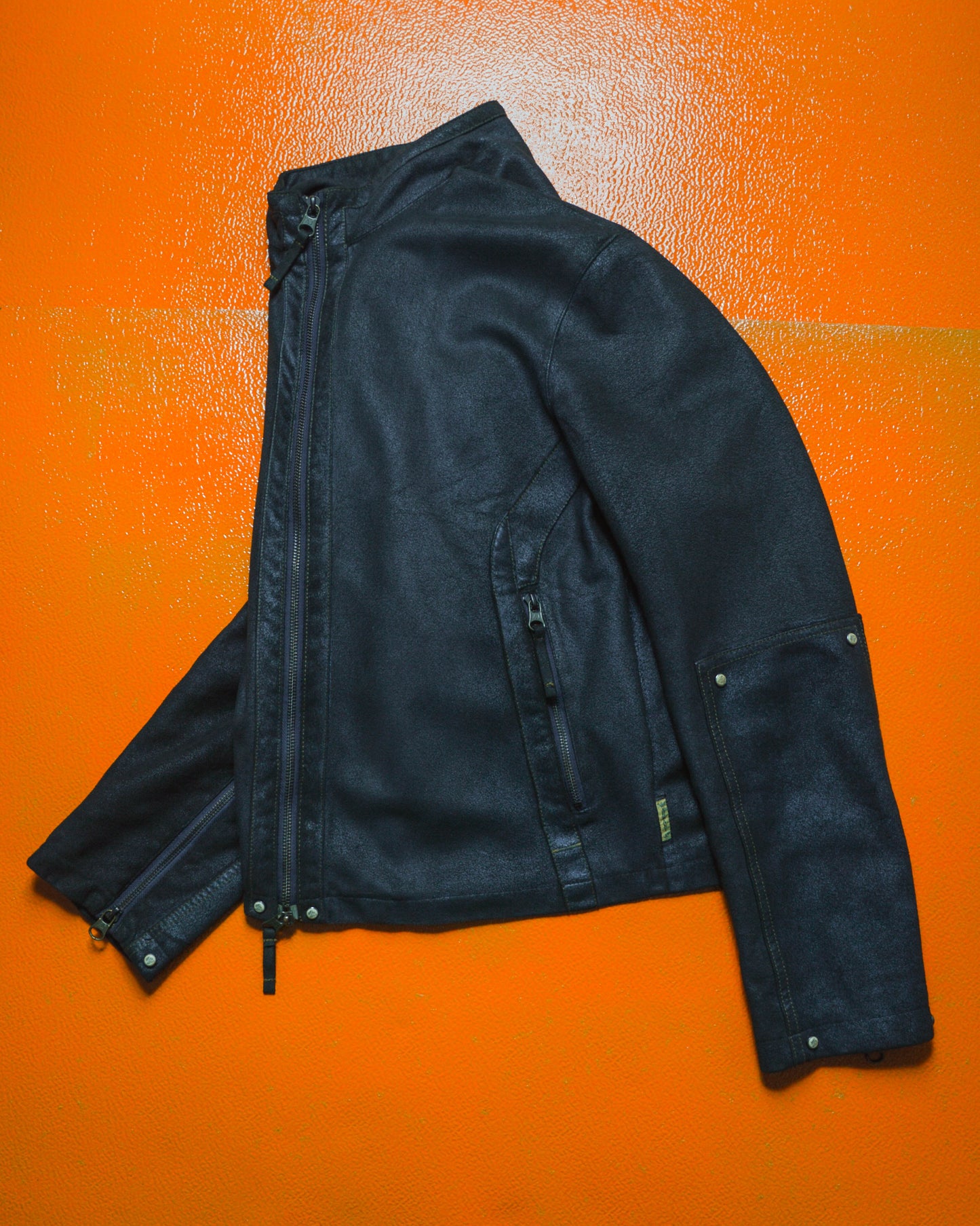 Navy Cracked Effect Coated Faux Suede Moto Jacket (~M~)