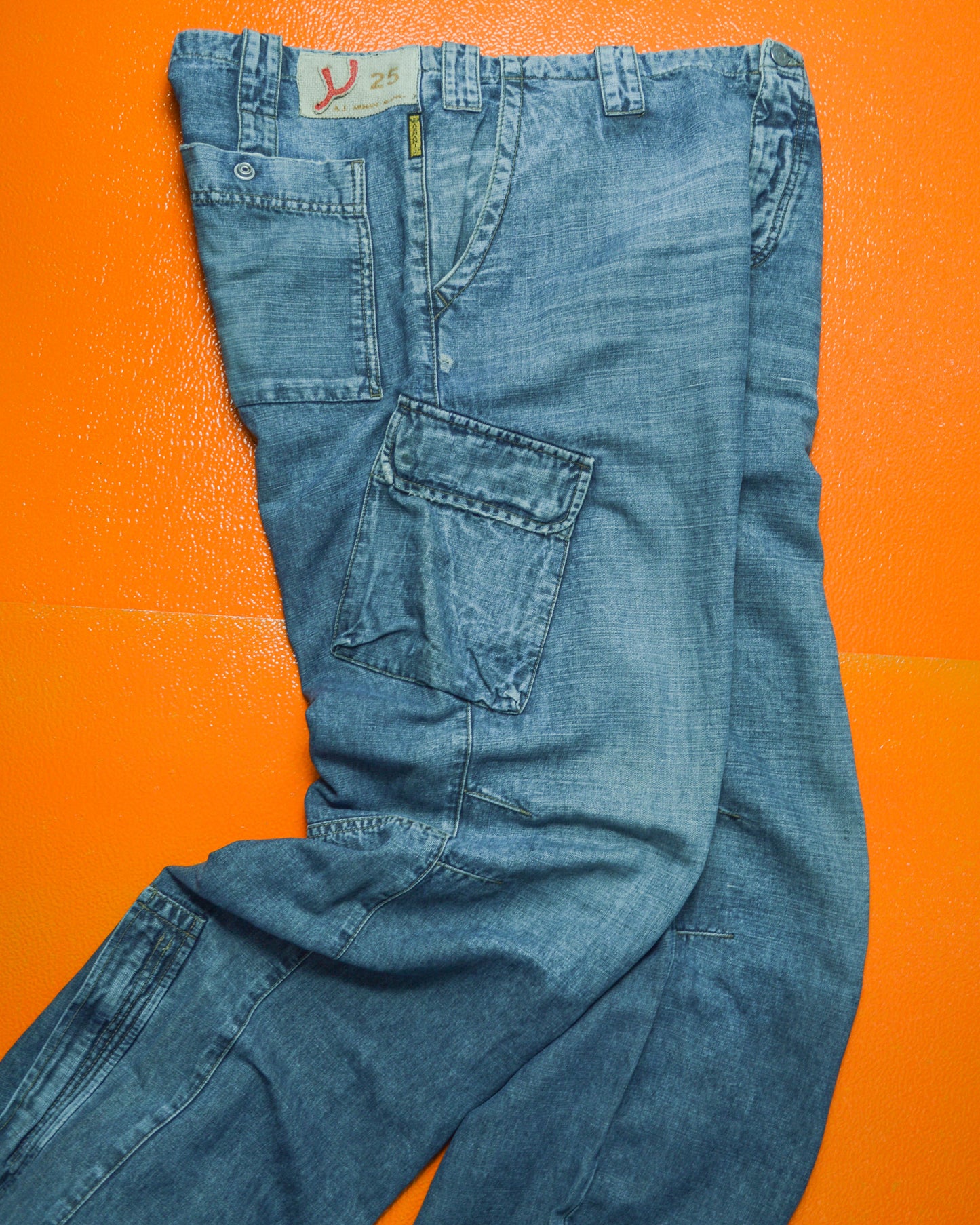 Relaxed Asymmetrical Medium Wash Blue Denim Cargo Pants (36~38)