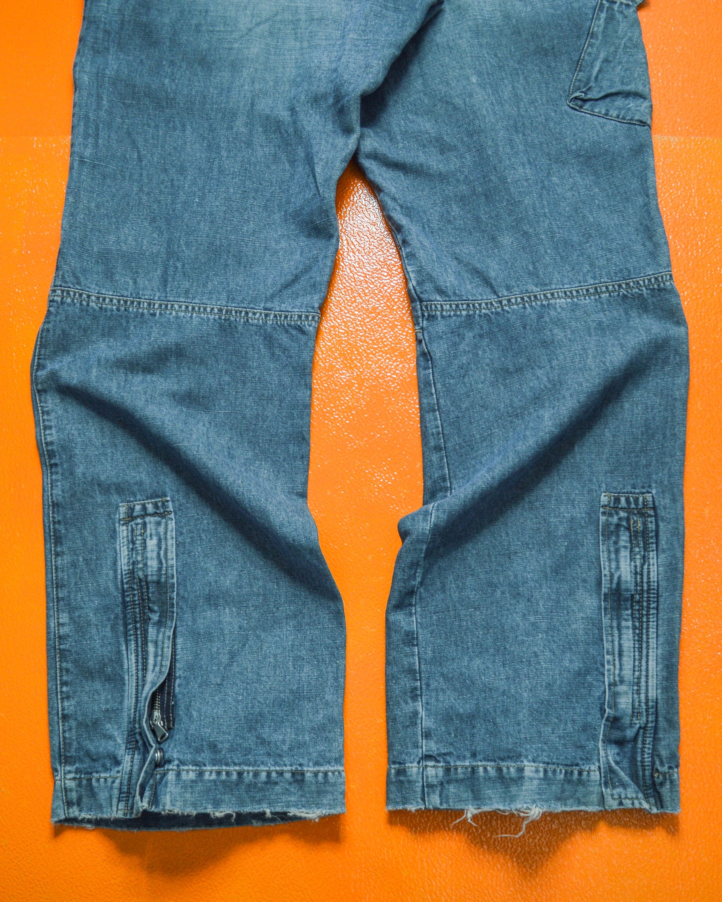 Relaxed Asymmetrical Medium Wash Blue Denim Cargo Pants (36~38)