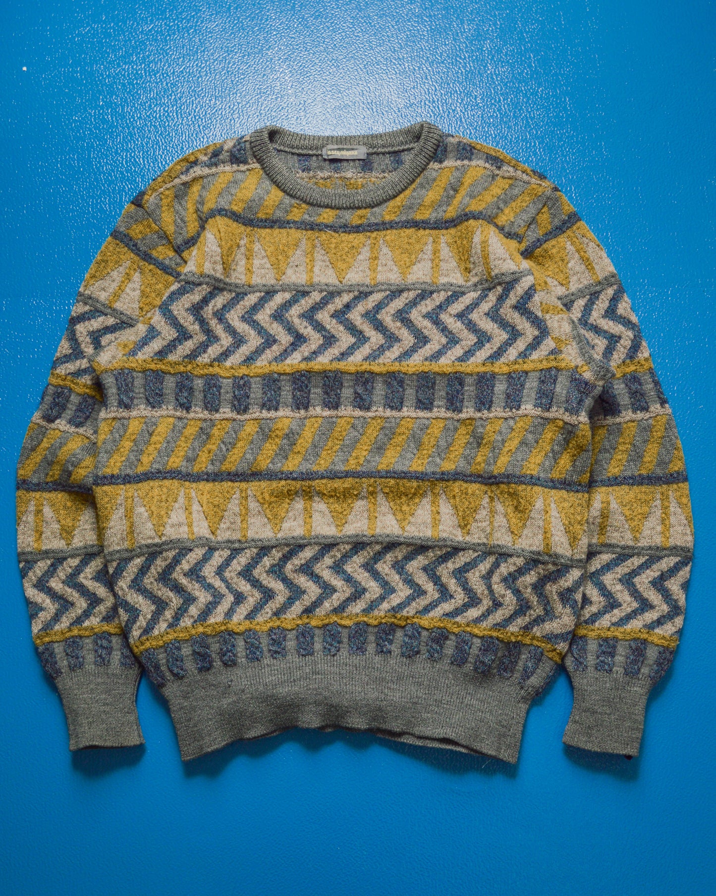 Geometric Pattern Blue / Grey / Yellow Knit Jumper (M~L)