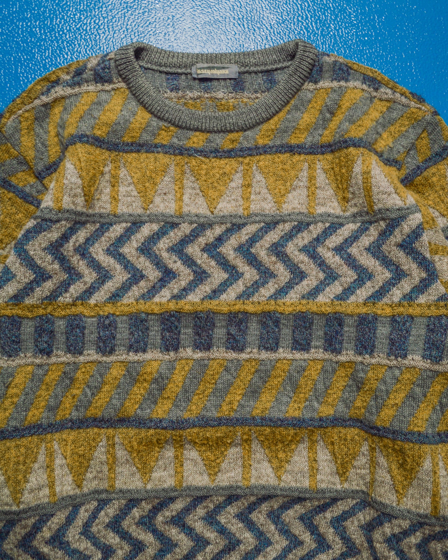 Geometric Pattern Blue / Grey / Yellow Knit Jumper (M~L)