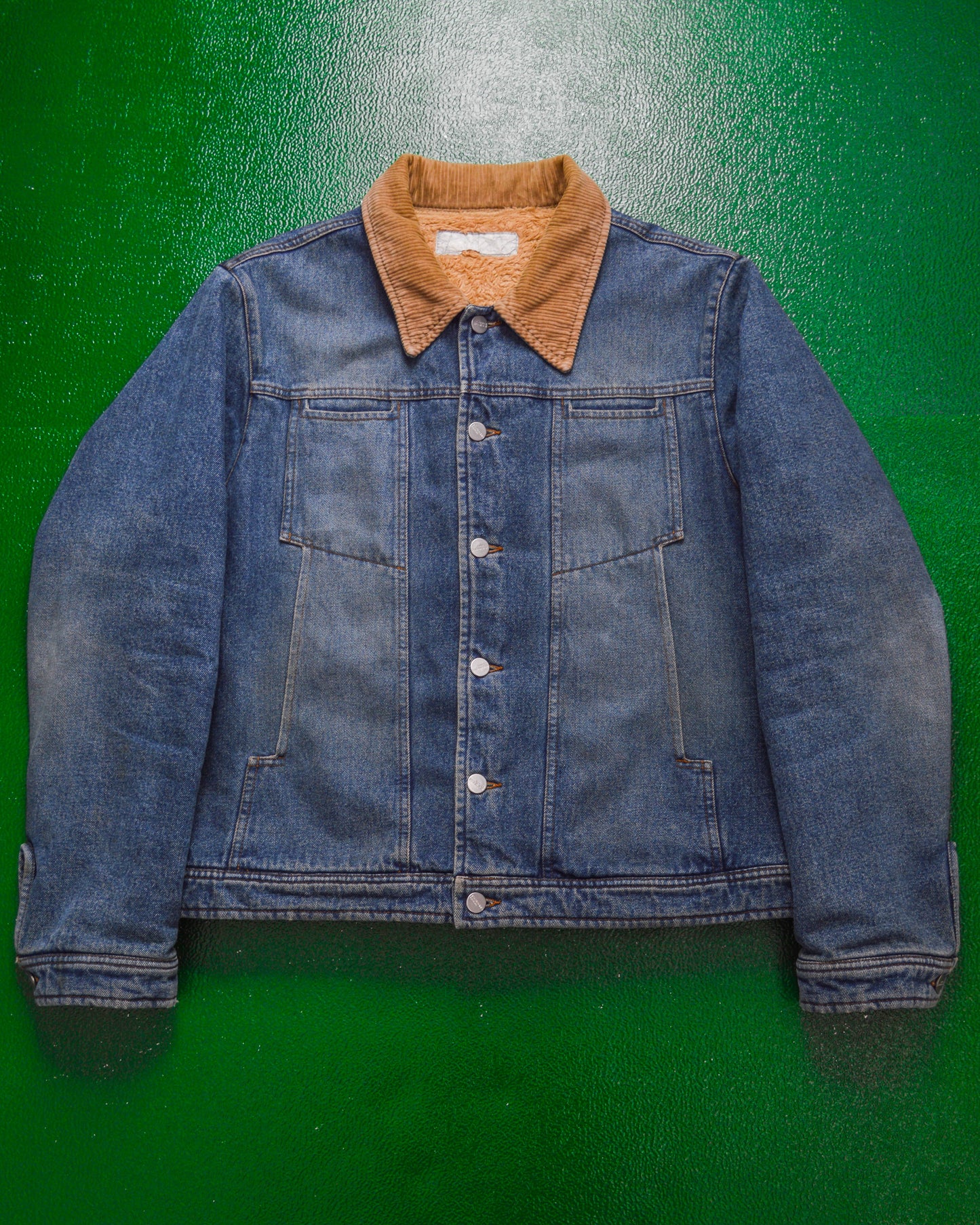 Subversive Pattern Panelled Fleece Lined Corduroy Collar Denim Jacket (M~L)