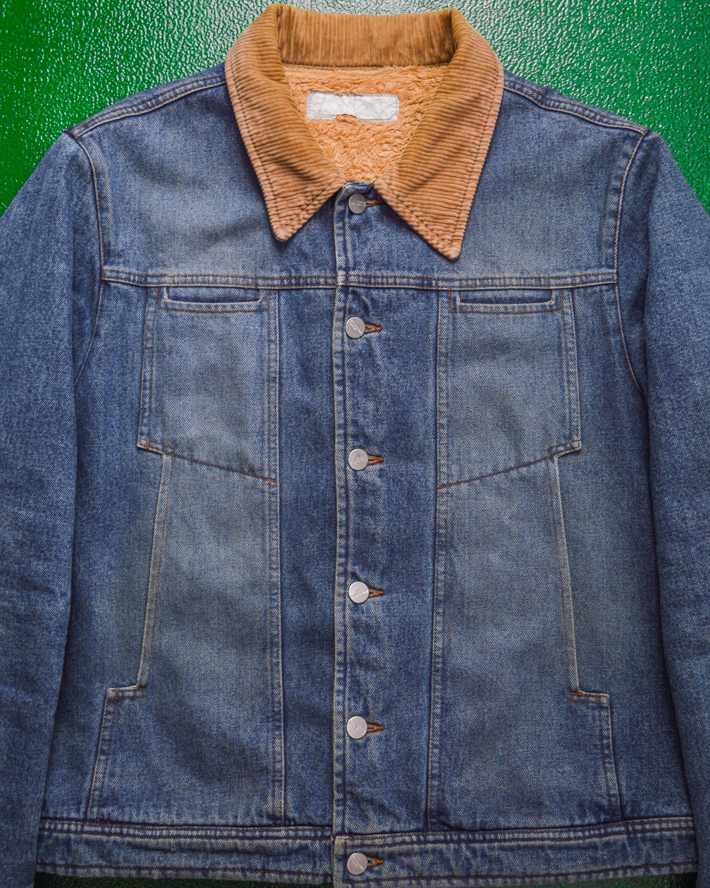 Subversive Pattern Panelled Fleece Lined Corduroy Collar Denim Jacket (M~L)