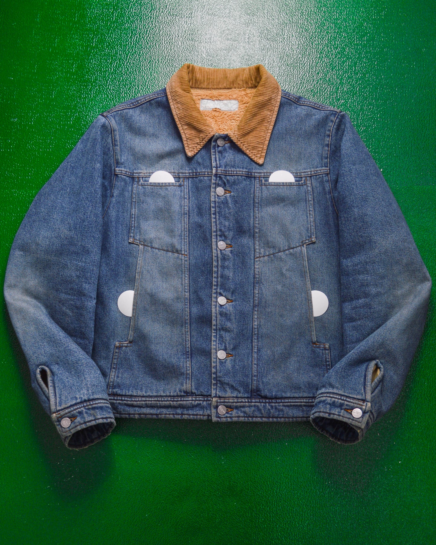 Subversive Pattern Panelled Fleece Lined Corduroy Collar Denim Jacket (M~L)