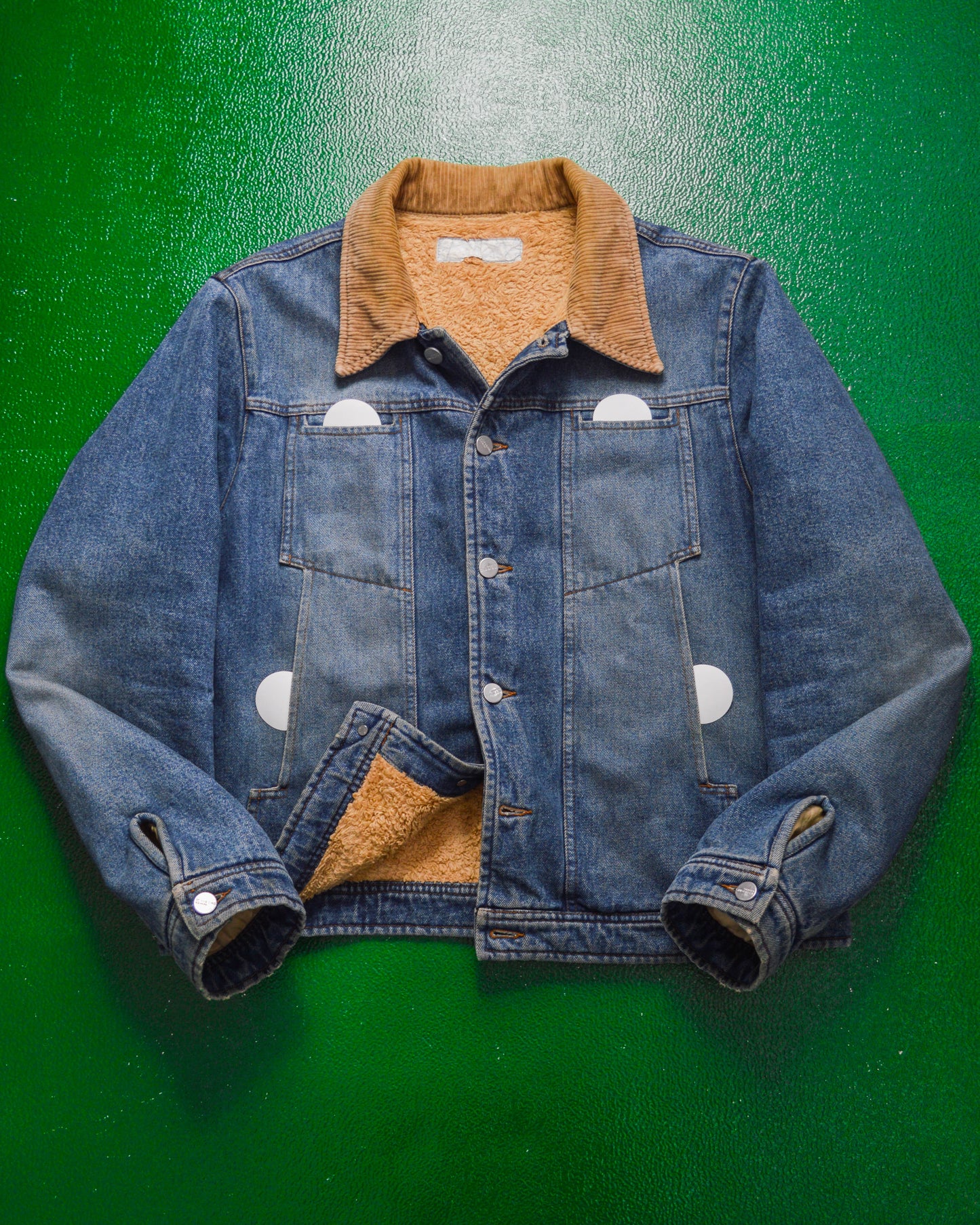 Subversive Pattern Panelled Fleece Lined Corduroy Collar Denim Jacket (M~L)