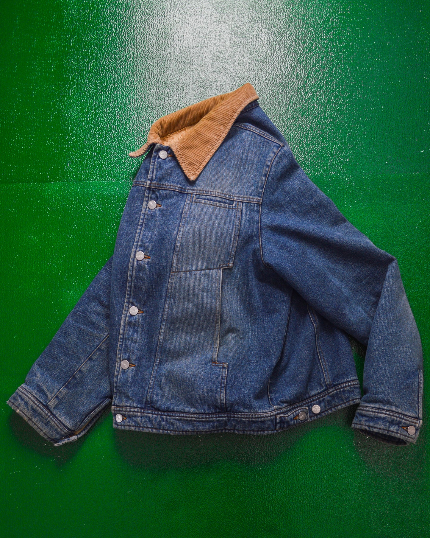 Subversive Pattern Panelled Fleece Lined Corduroy Collar Denim Jacket (M~L)