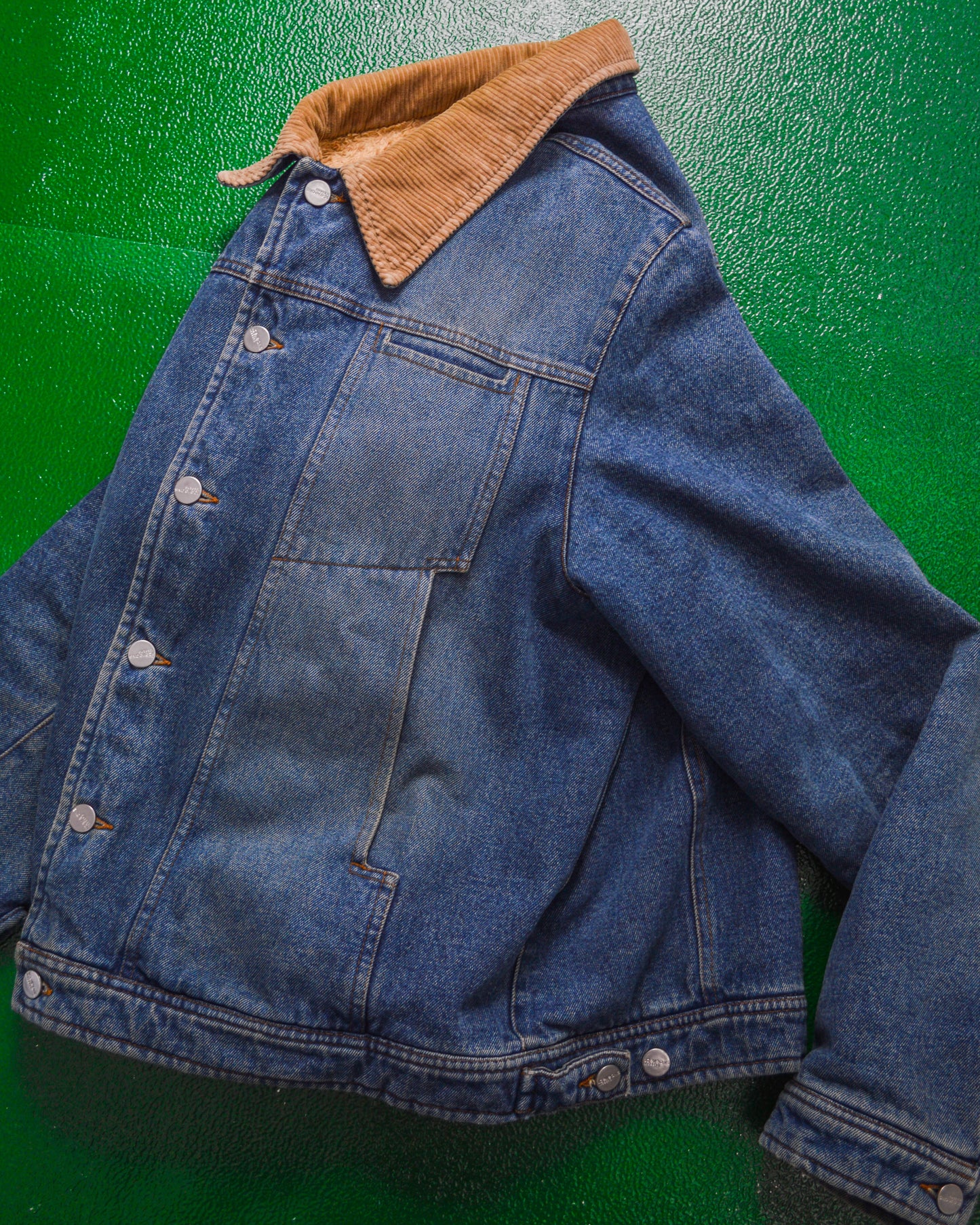 Subversive Pattern Panelled Fleece Lined Corduroy Collar Denim Jacket (M~L)