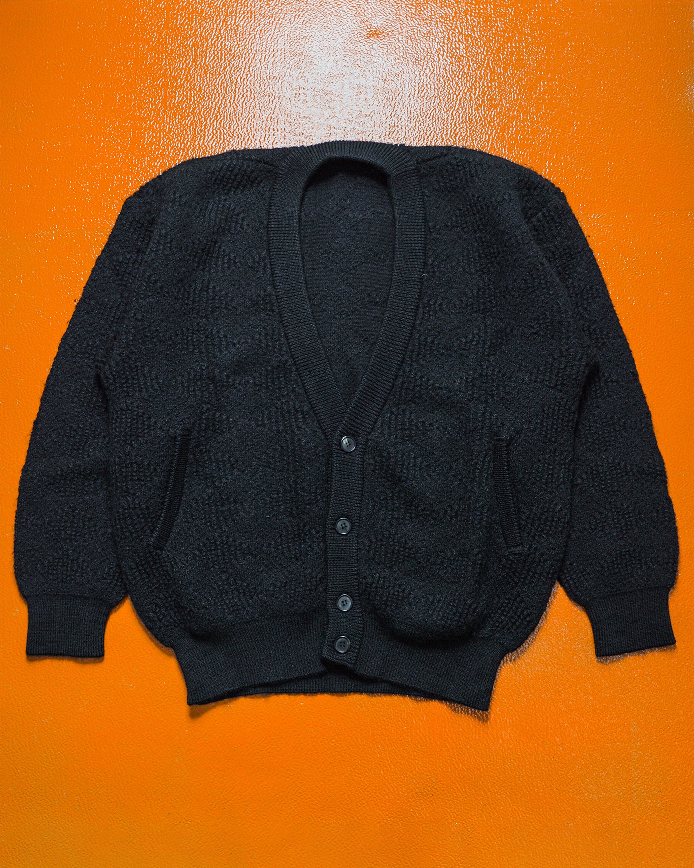 90s Tonal Argyle Textured Black Chunky Alpaca Blend Knit Cardigan (M~L)