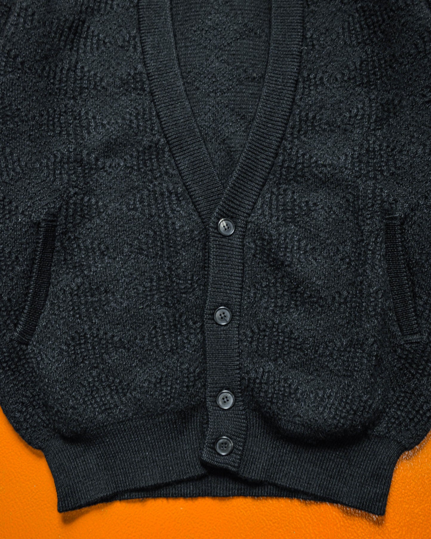 90s Tonal Argyle Textured Black Chunky Alpaca Blend Knit Cardigan (M~L)