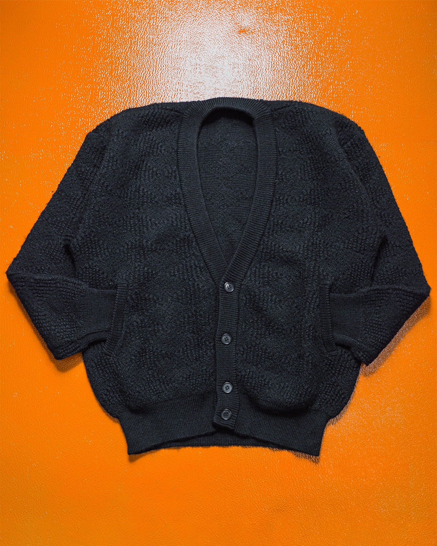90s Tonal Argyle Textured Black Chunky Alpaca Blend Knit Cardigan (M~L)