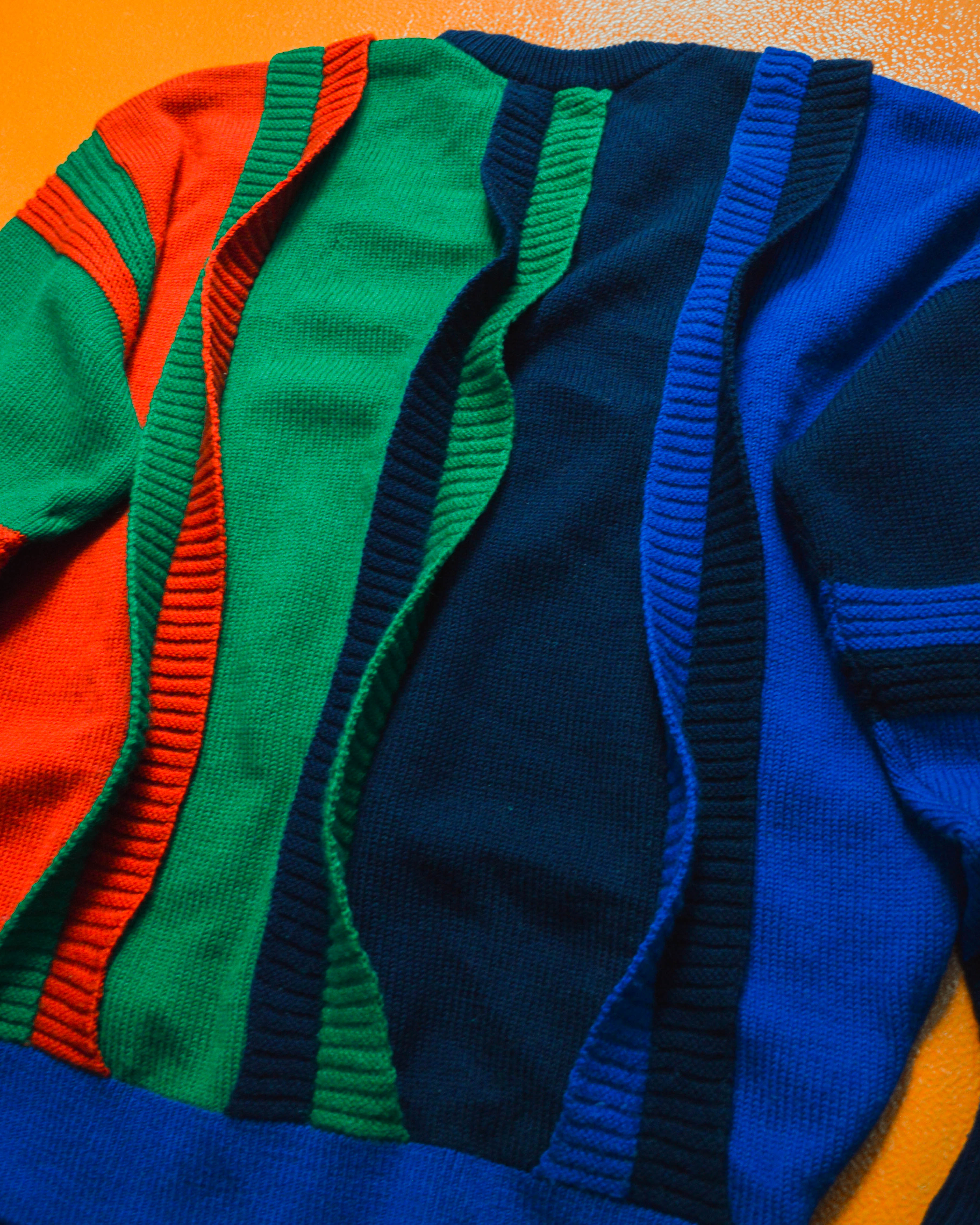 80s Red Green Blue 3-D Layered Strip Knit Jumper (M~L)