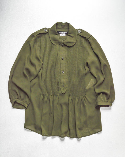 2010 Sheer Green Military Style Pleated Blouse / Top (S)