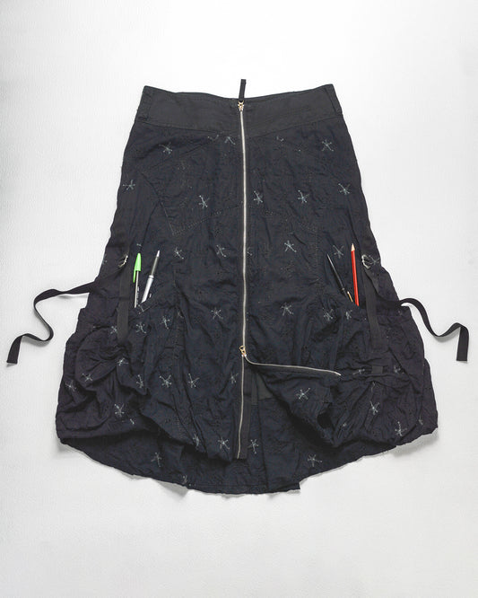 Early 2000s Washed Black / Navy Embroidered Star Pattern Balloon Style Strap Cargo Skirt (S)