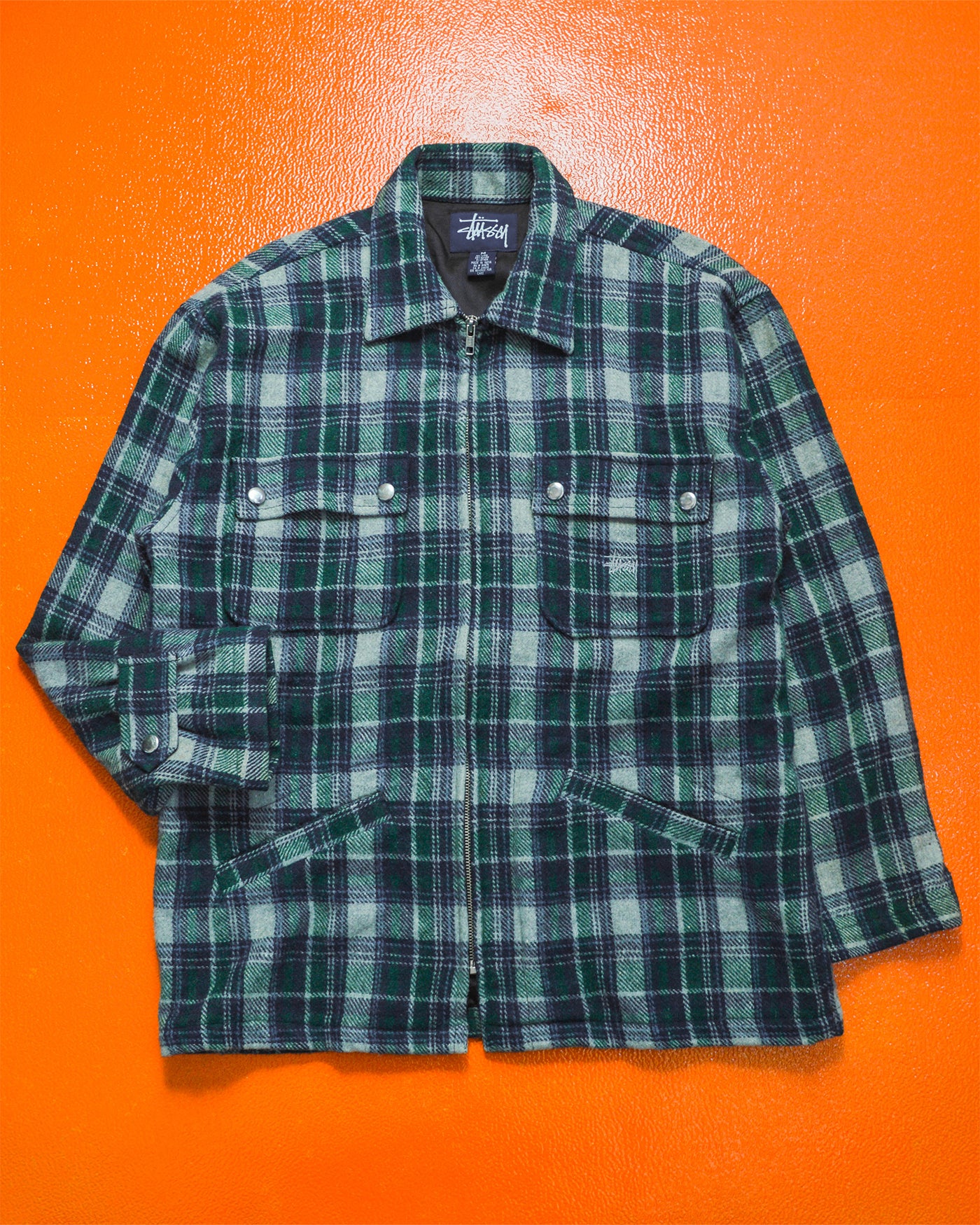 Stussy 90s Wool Blend Navy / Green Plaid Zip Up Jacket (M) – shop