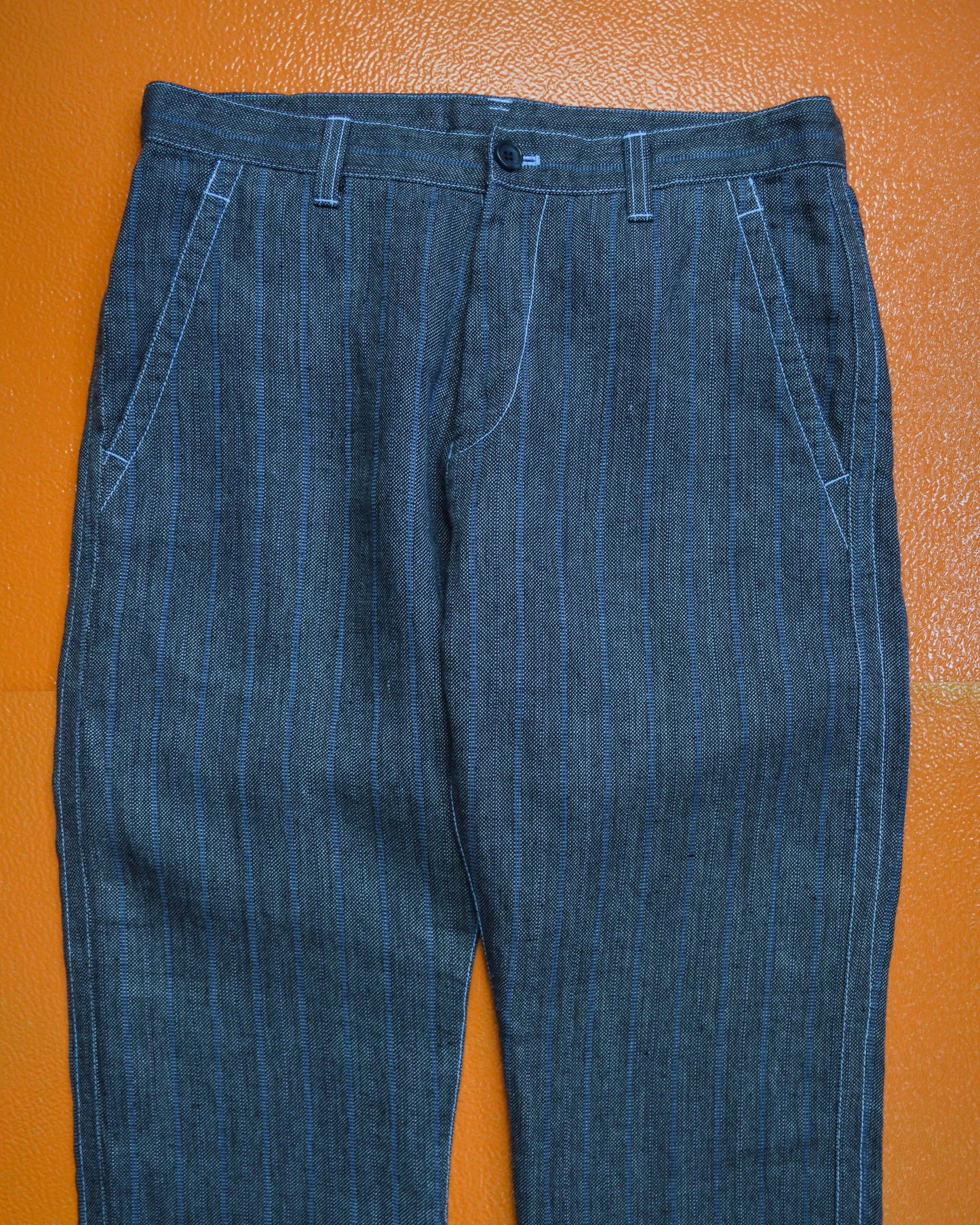 Comme Des Garçons Homme 2005 Linen Grey Blue Striped Jacquard Pants (30~32)