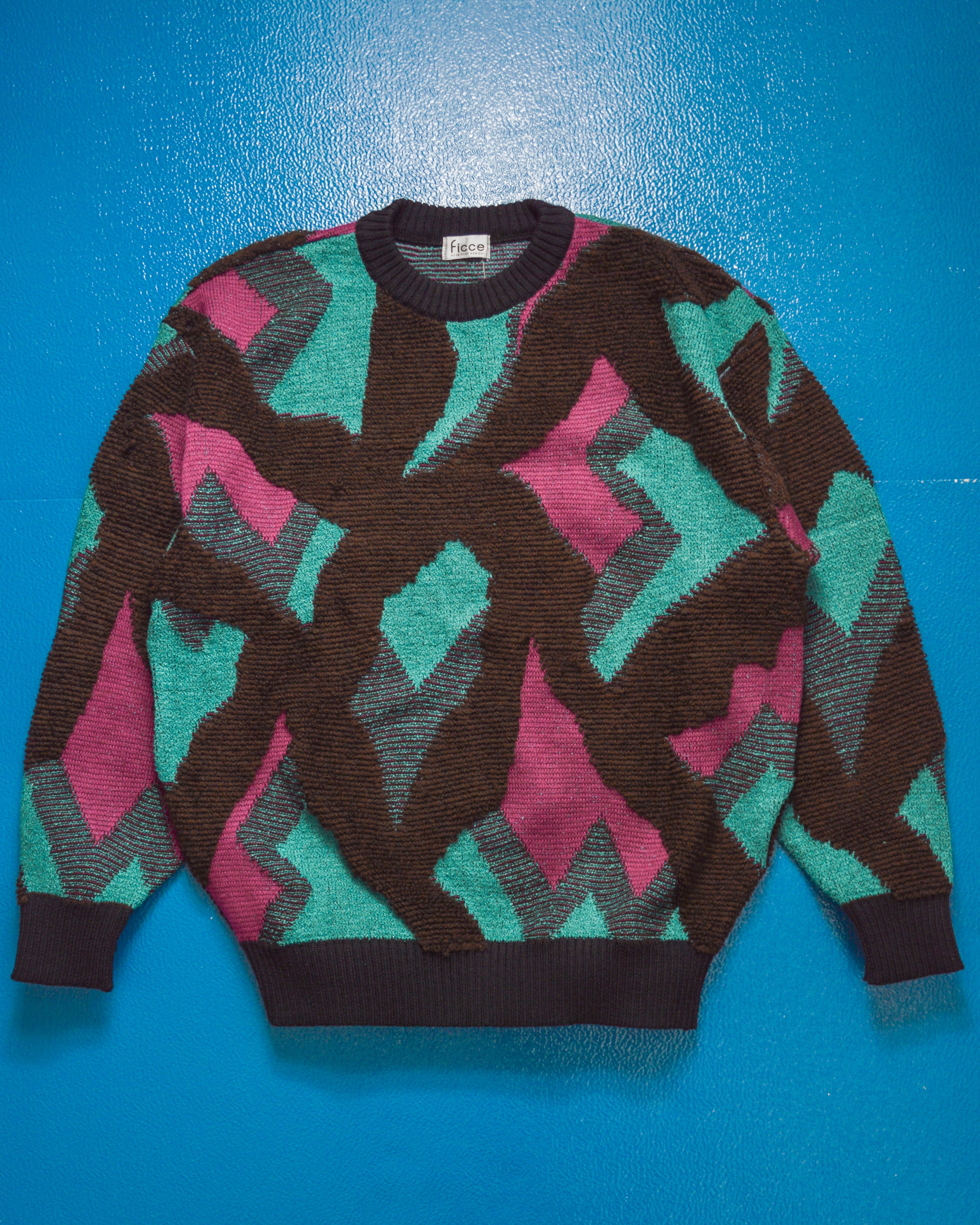 Teal / Magenta / Brown / Black Abstract Multi Layered Woven Knit Jumper  (~M~)