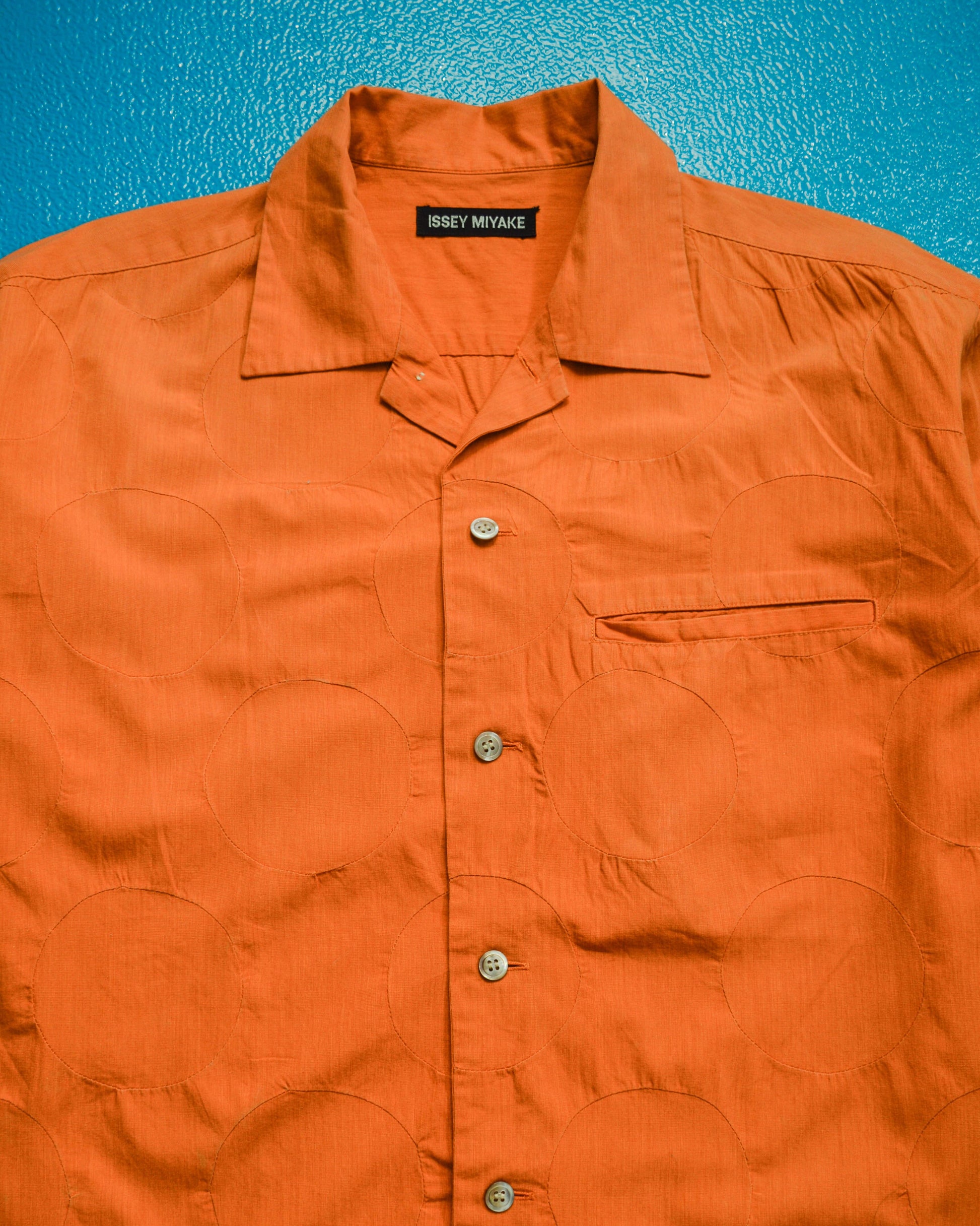Issey Miyake 2012 Tonal Polka Dot Panelled Orange Brushed Cotton Shirt (S~M)