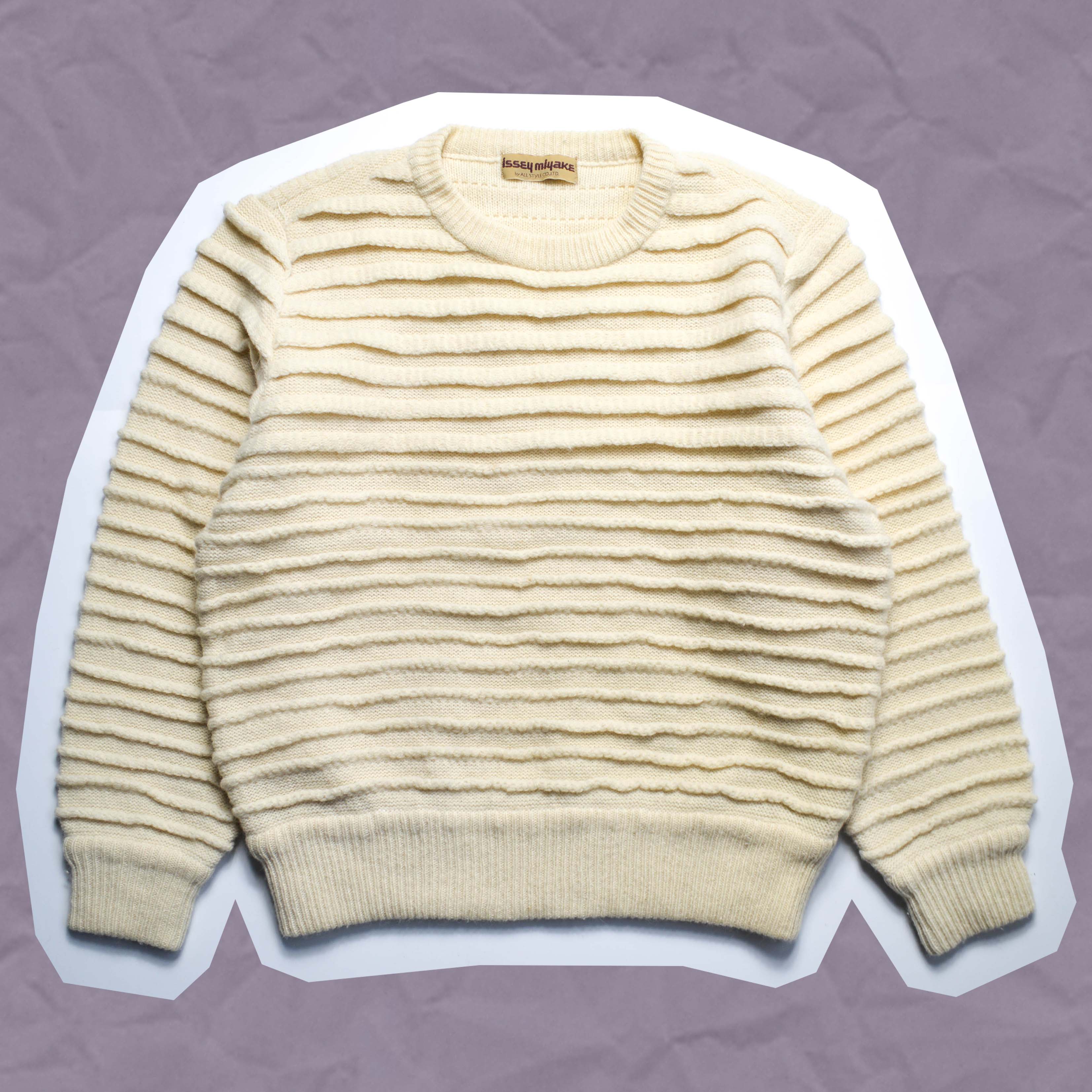 Issey Miyake 80s 3 D Gradual Striped Cream Tonal Knit Jumper (~S 