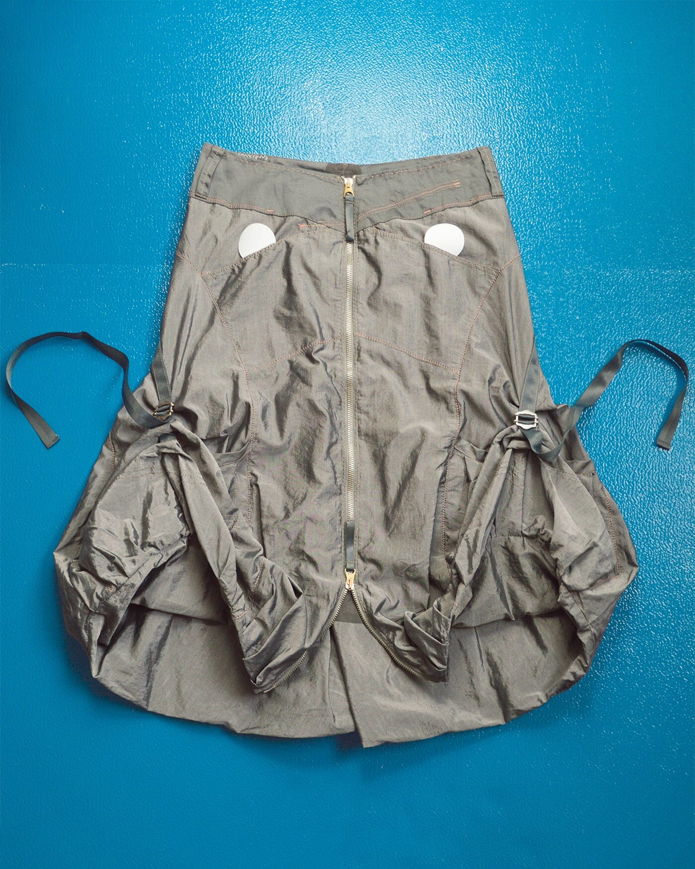 Marithe Francois Girbaud Early 2000s Futuristic Style Metallic Balloon Style Strap Cargo Skirt (S)