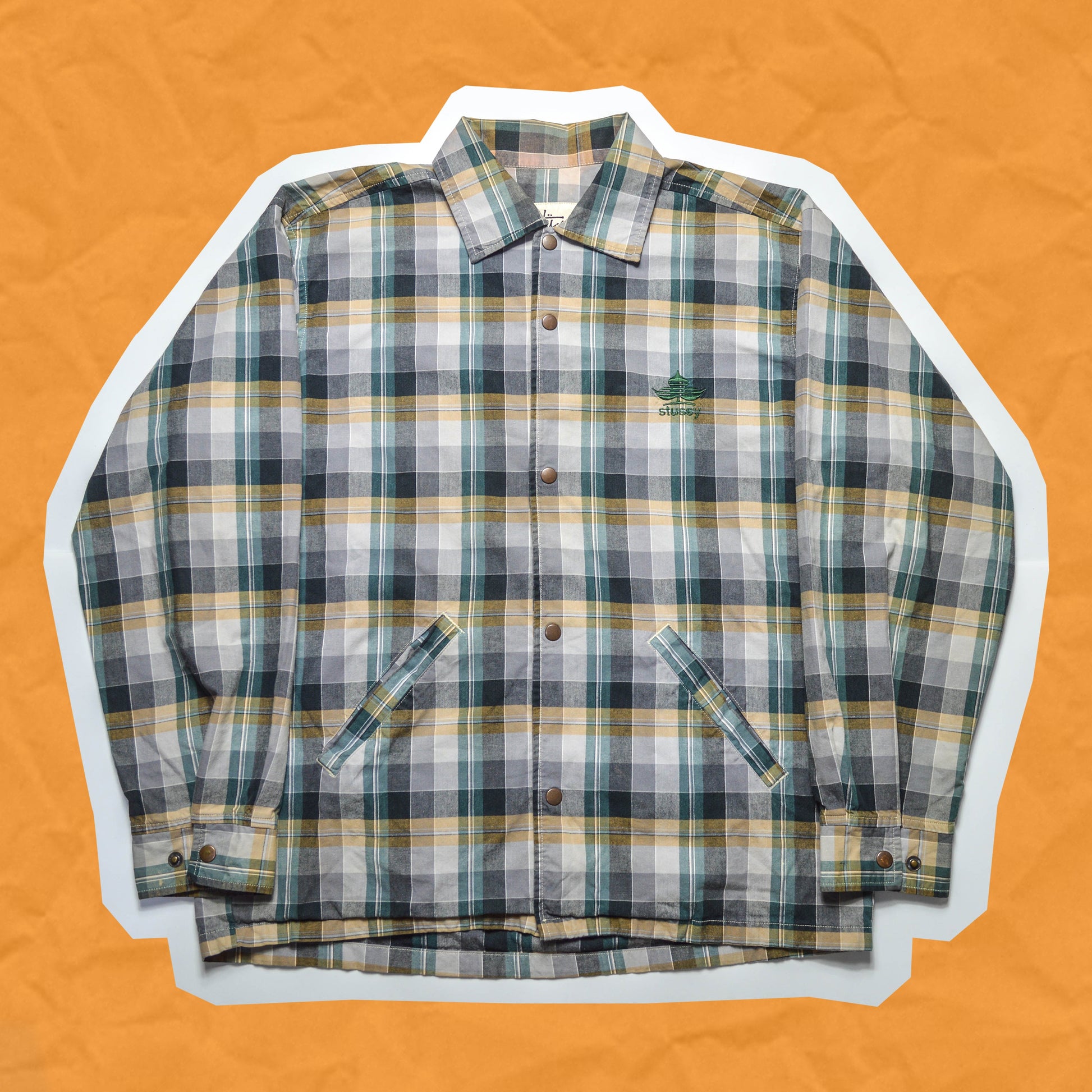Stussy 90s Beige and Green Plaid Clover Logo Coach Jacket (L~XL)