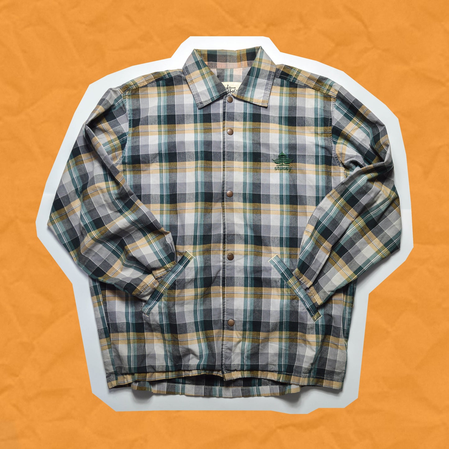 Stussy 90s Beige and Green Plaid Clover Logo Coach Jacket (L~XL)