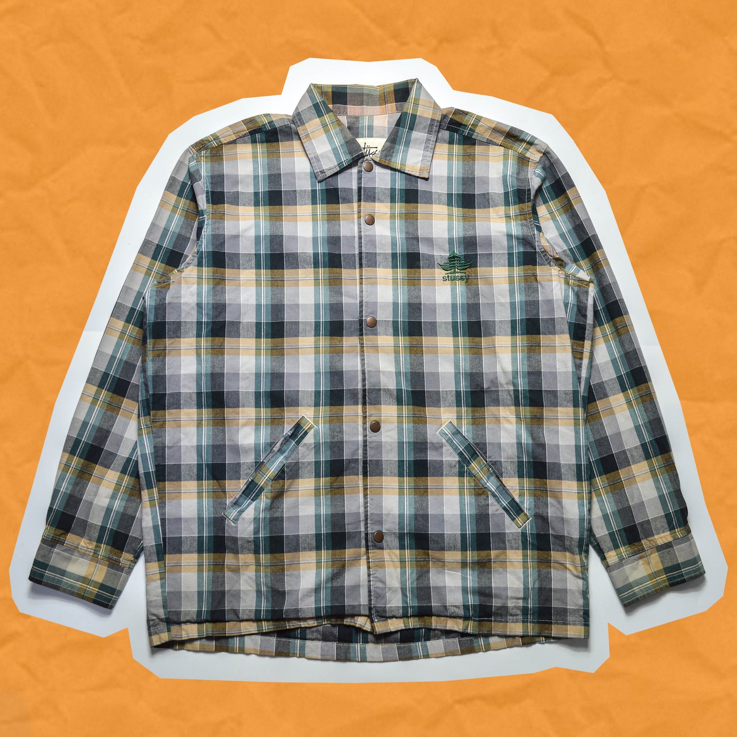Stussy 90s Beige and Green Plaid Clover Logo Coach Jacket (L~XL)