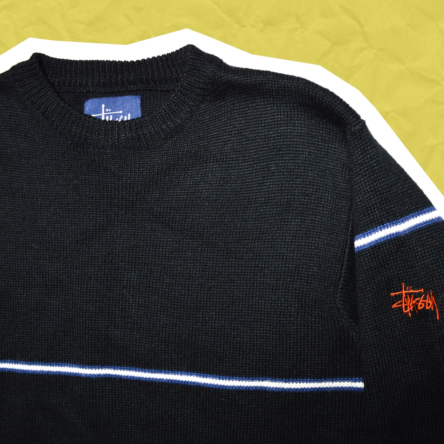 Stussy 90's Black Line Knit with Embroidered Sleeve Logo (M)