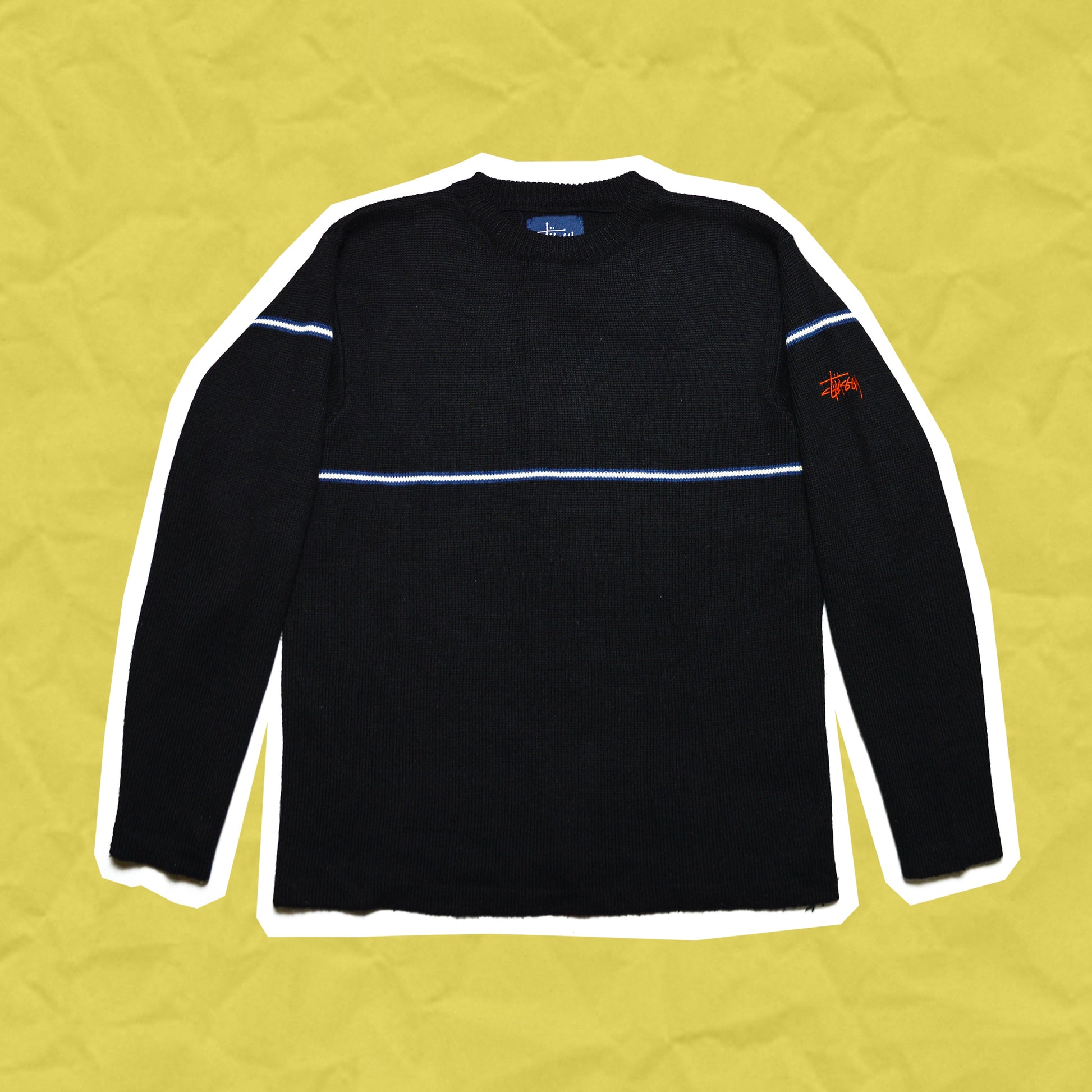 Stussy 90's Black Line Knit with Embroidered Sleeve Logo (M)