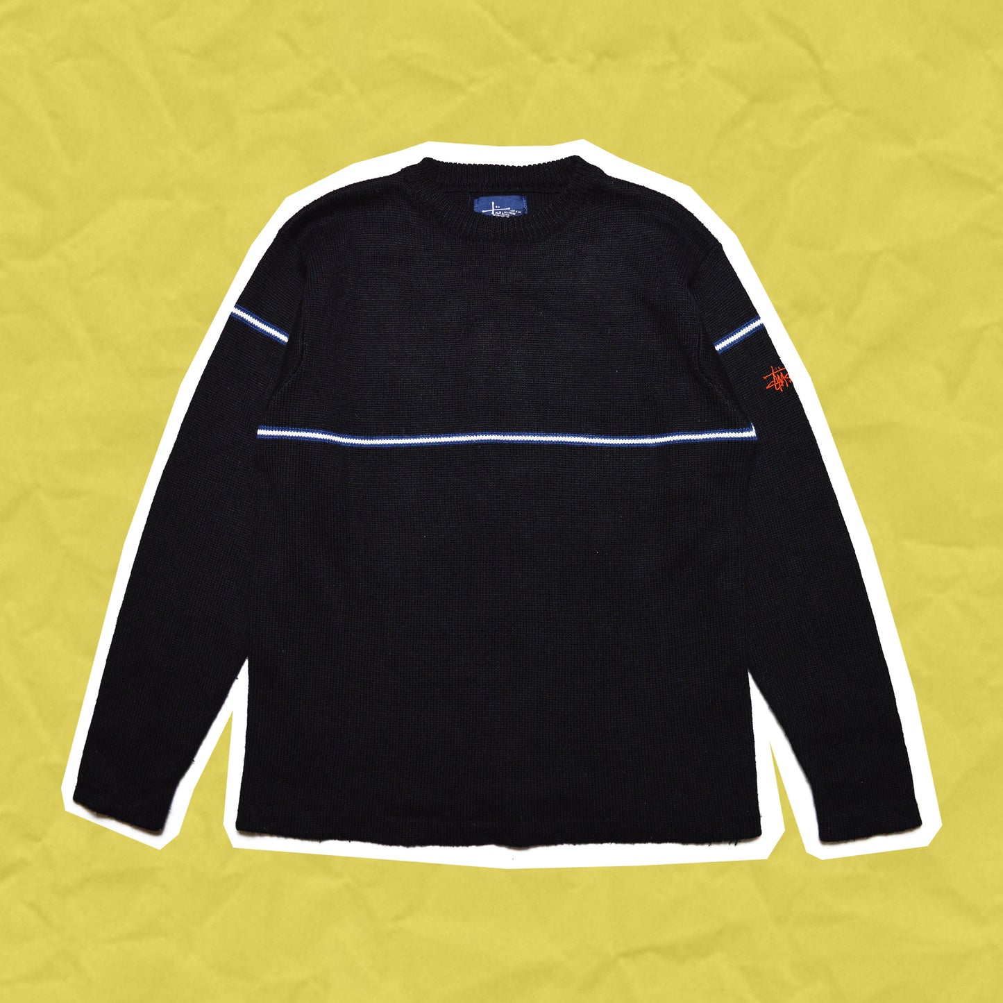 Stussy 90's Black Line Knit with Embroidered Sleeve Logo (M)