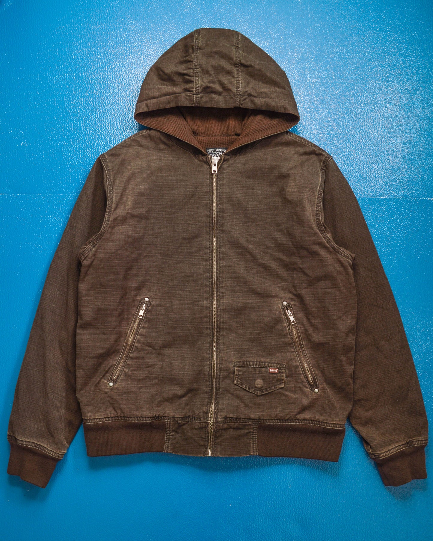 Stussy Faded Brown Brushed Cotton Zip Up Hoody Jacket (M)