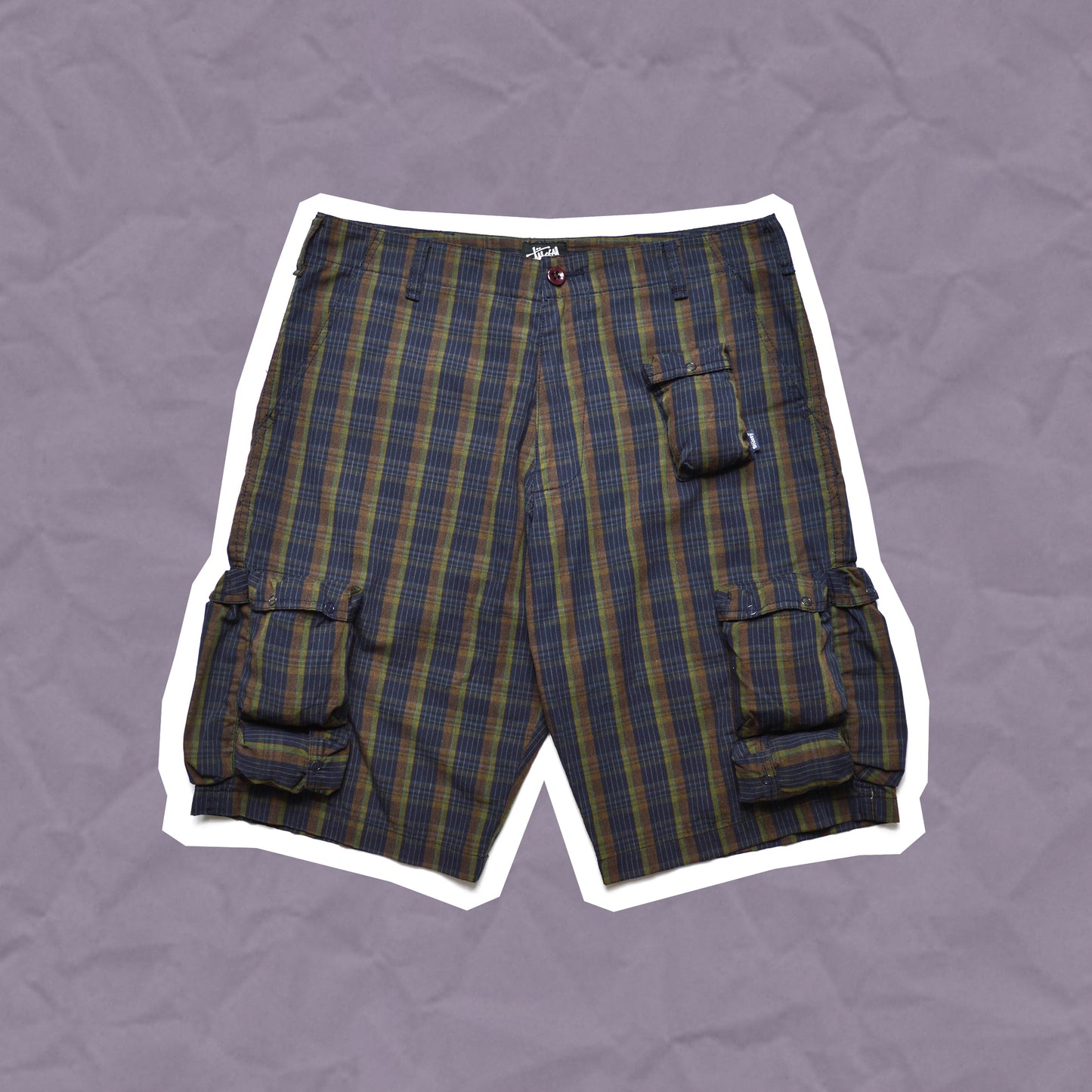 Stussy Navy Plaid Multi Pocket Cargo Shorts (32)