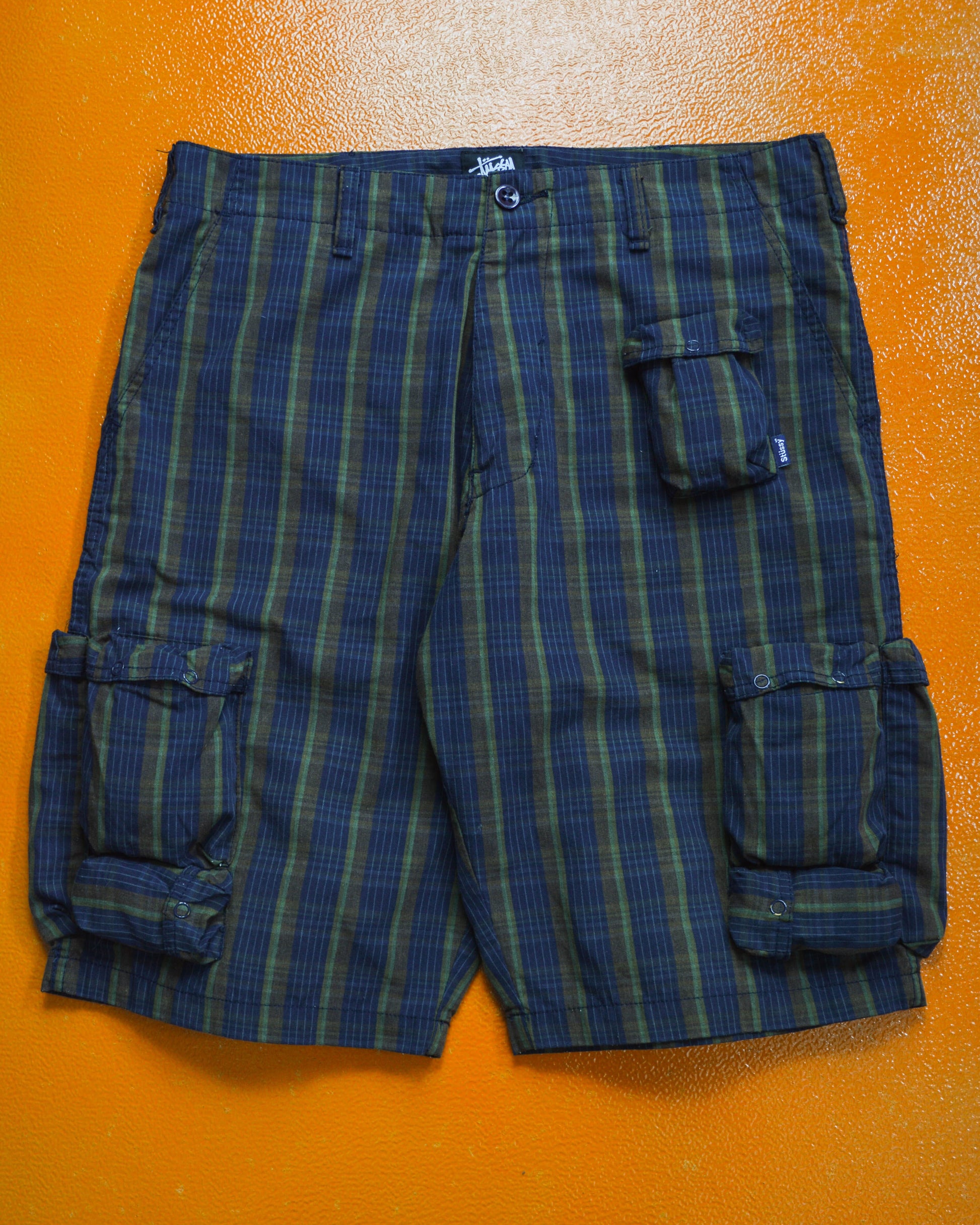 Stussy Navy Plaid Multi Pocket Cargo Shorts (32)