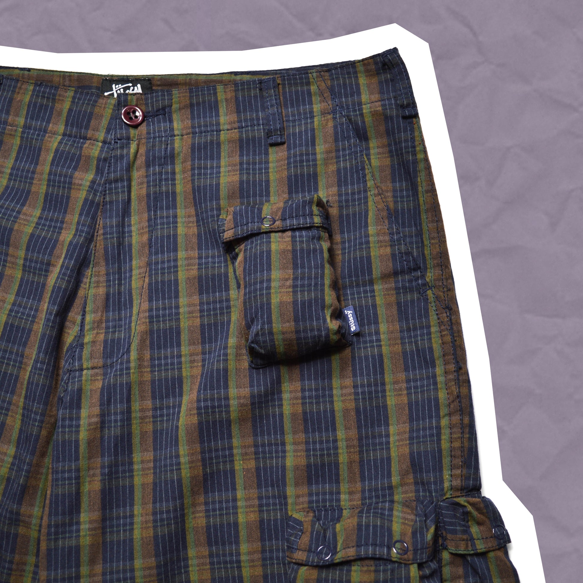 Stussy Navy Plaid Multi Pocket Cargo Shorts (32)