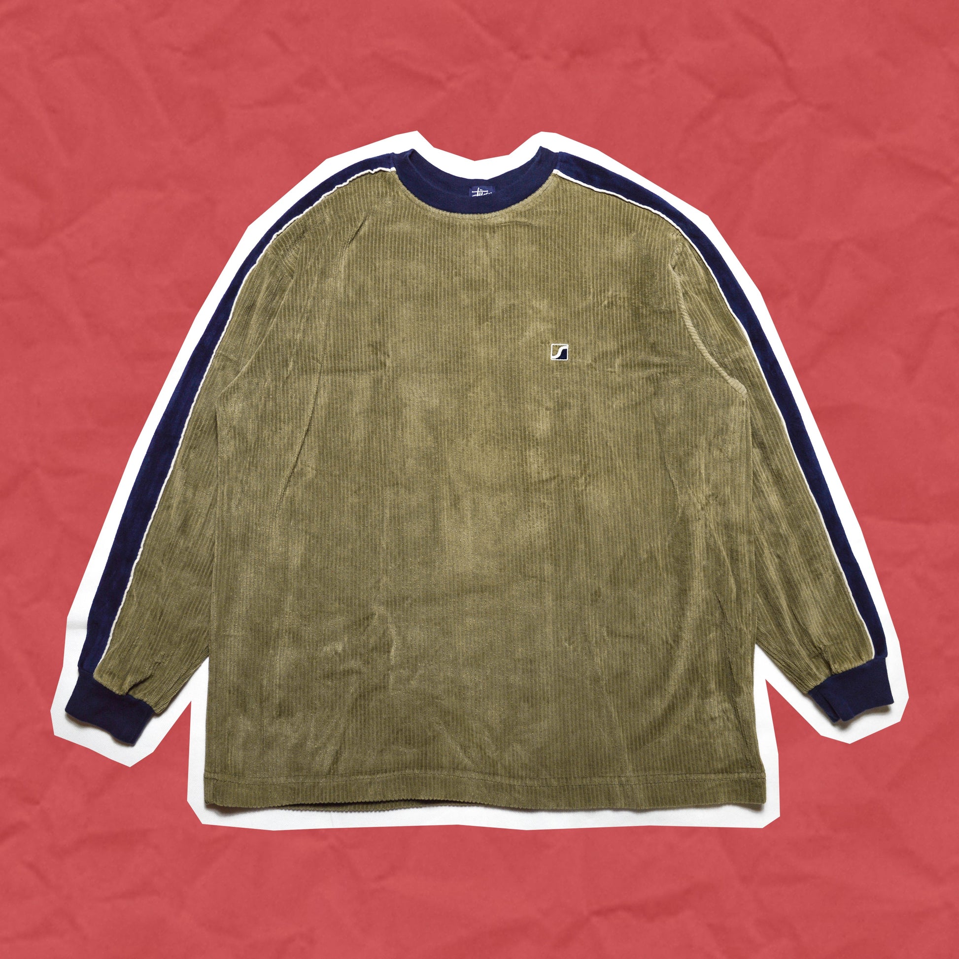 Stussy Ribbed Longsleeve Top / T-shirt with Velour Sleeve Panels (M~L)